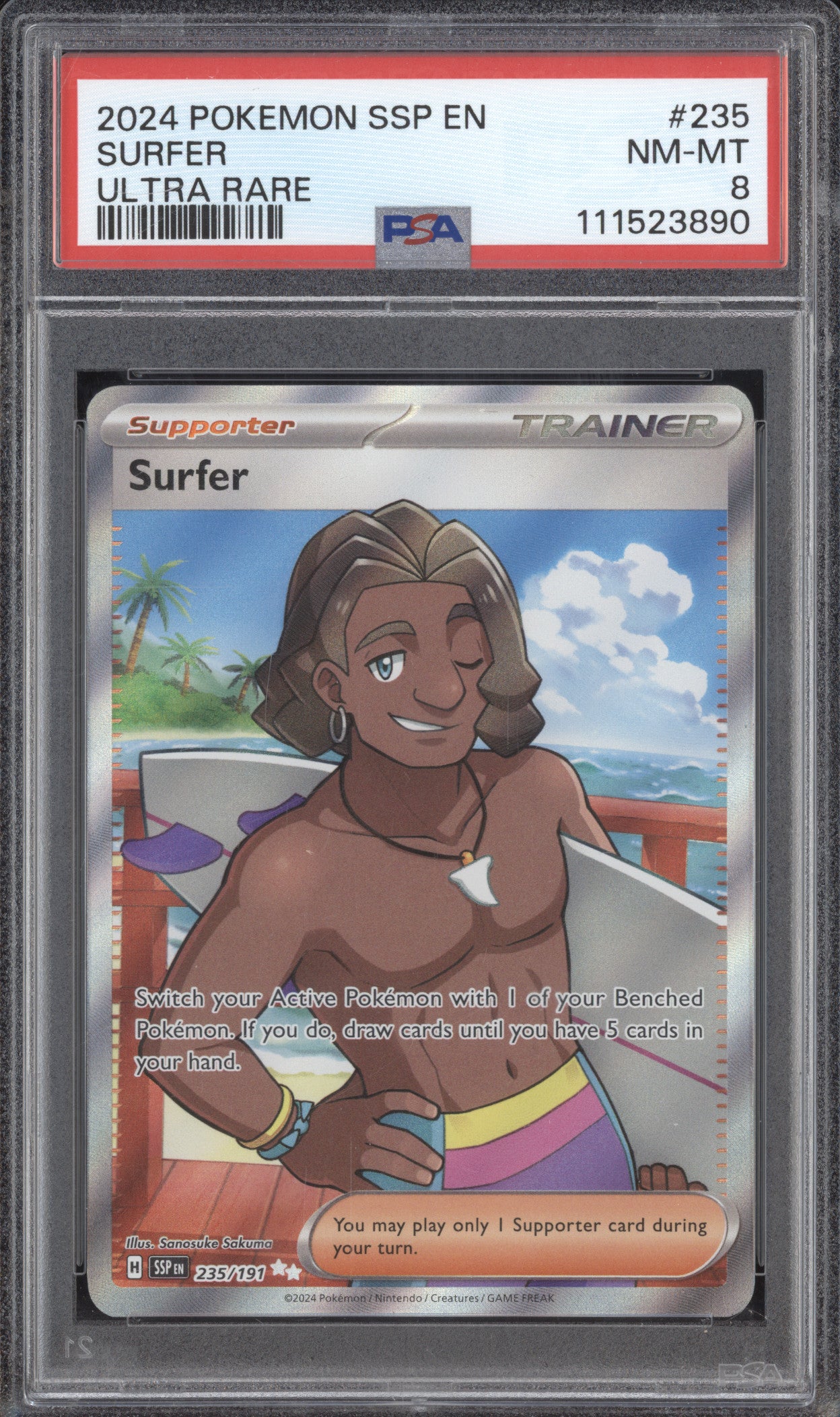 Surfer 2024 Pokemon Surging Sparks 235/191 Ultra Rare PSA 8