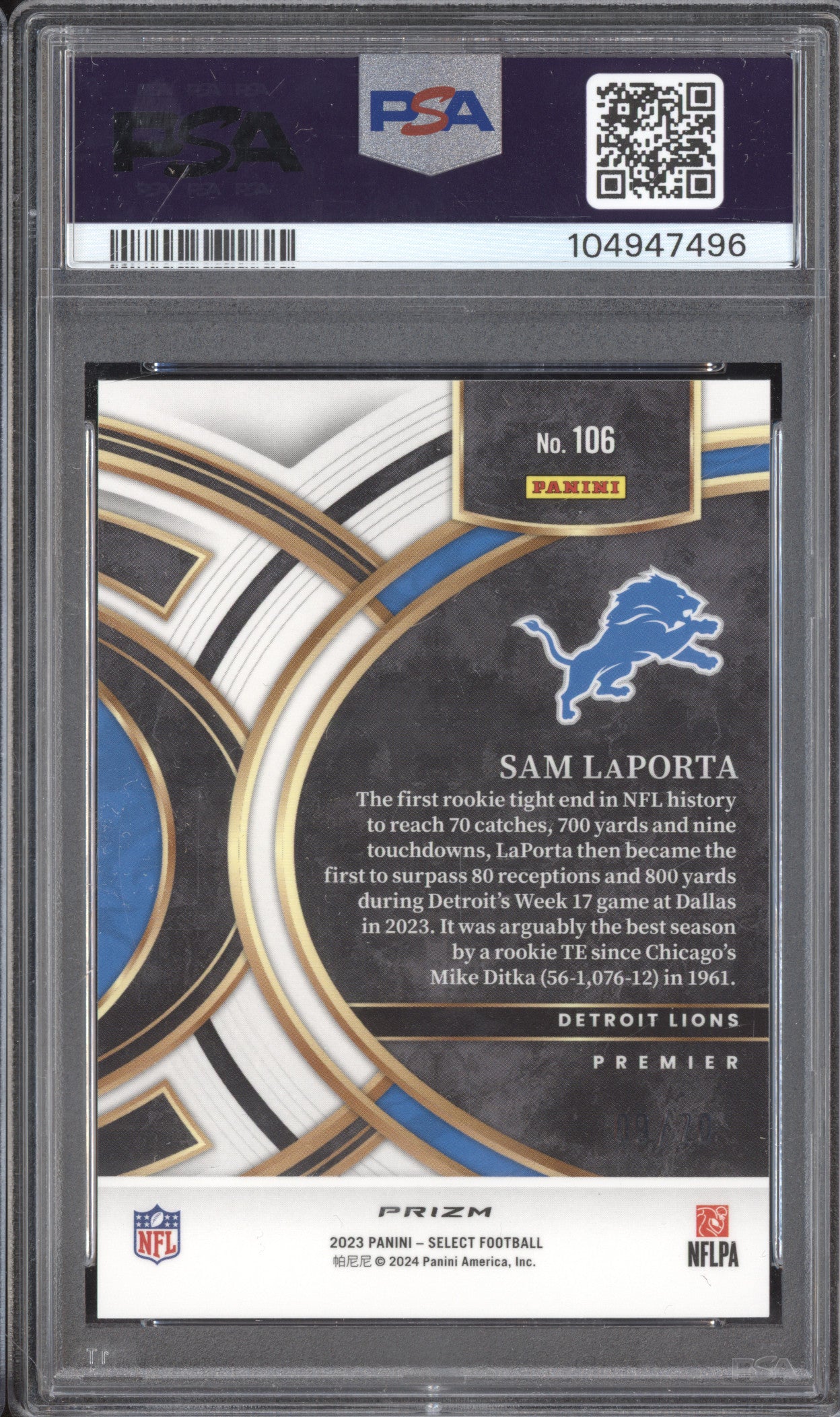 Sam LaPorta 2023 Panini Select 106 Dragon Scale RC 9/70 PSA 10