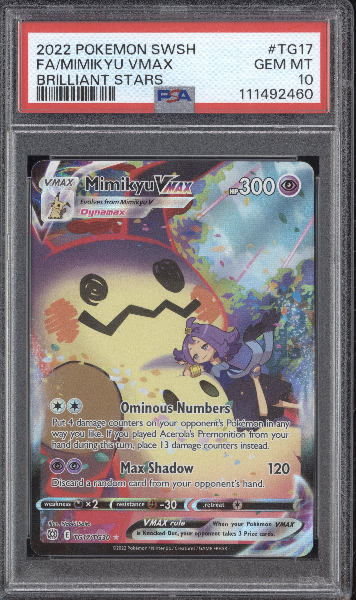 Mimikyu VMax Pokemon Brilliant Stars TG17/TG30 Full Art PSA 10
