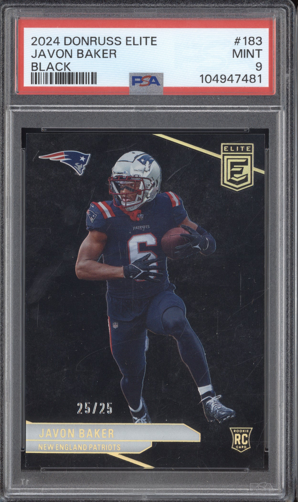 Javon Baker 2024 Panini Donruss Elite 183 Black RC 25/25 PSA 9