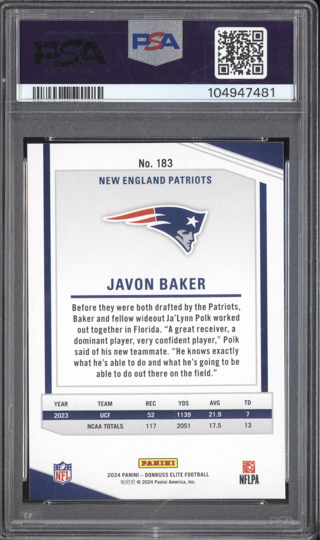 Javon Baker 2024 Panini Donruss Elite 183 Black RC 25/25 PSA 9