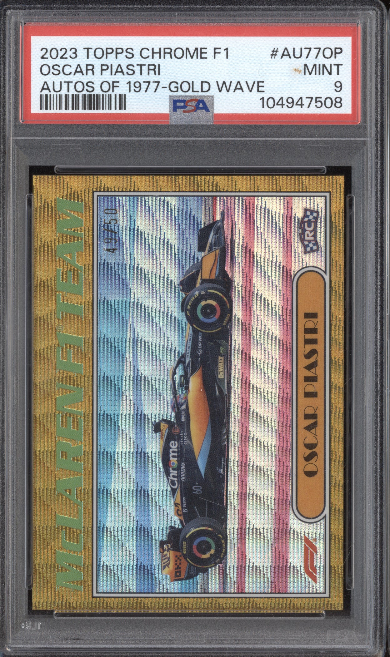 Oscar Piastri 2023 Topps Chrome AU77-OP Autos of 1977 Gold Wave RC 49/50 PSA 9