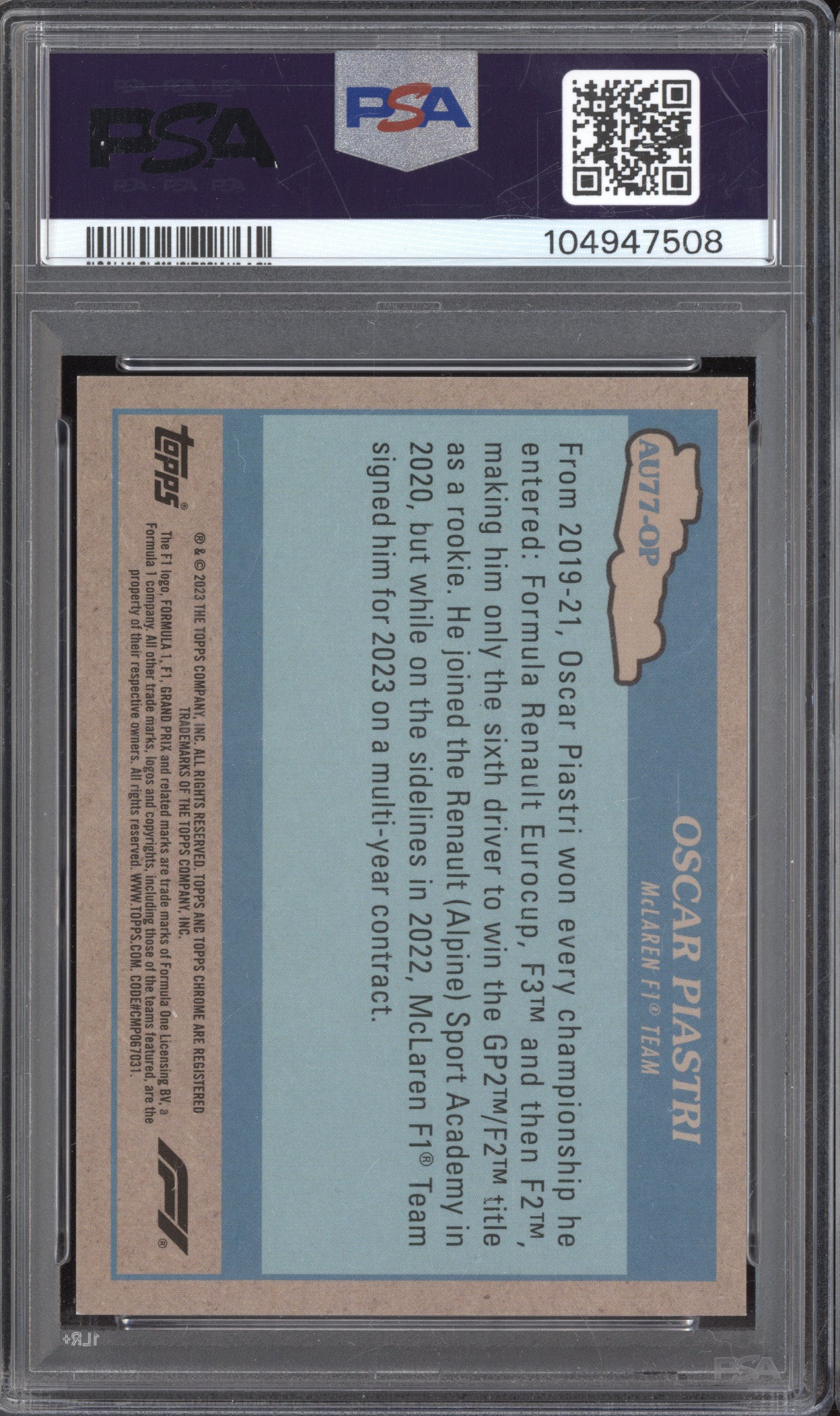 Oscar Piastri 2023 Topps Chrome AU77-OP Autos of 1977 Gold Wave RC 49/50 PSA 9