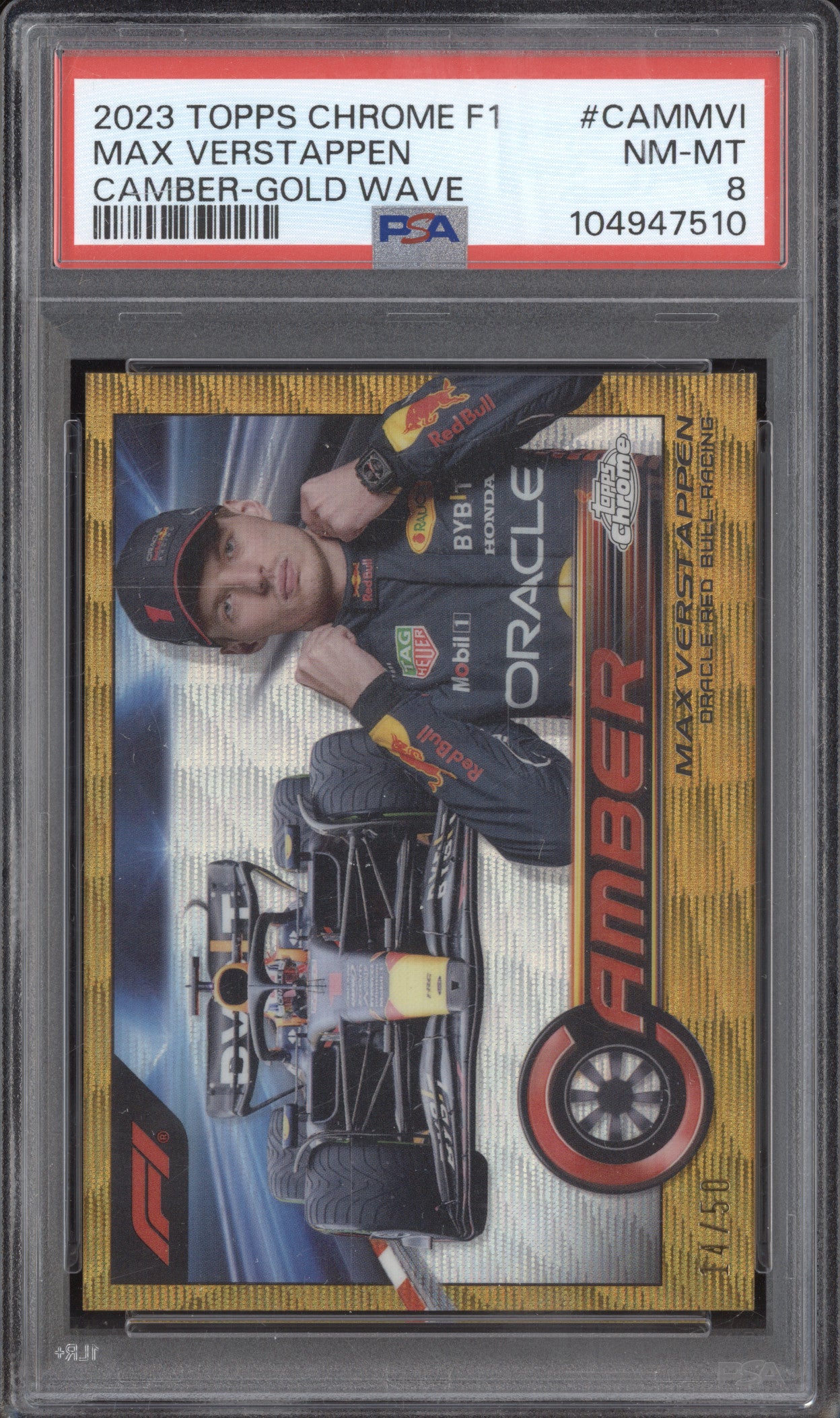 Max Verstappen 2023 Topps Chrome CAM-MVI Camber Gold Wave 14/50 PSA 8