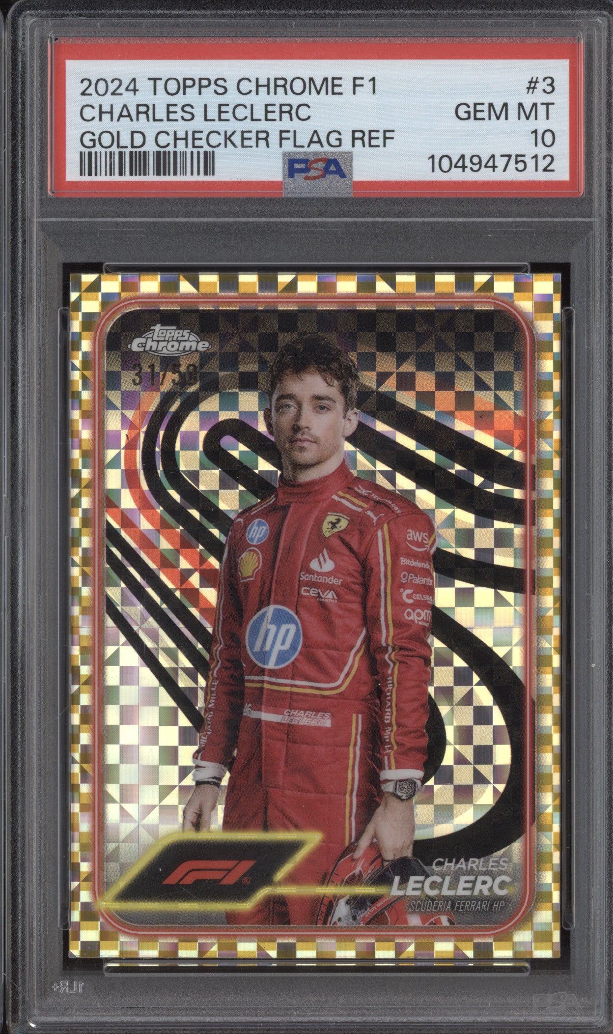 Charles Leclerc 2024 Topps Chrome 3 Gold Checker Flag 31/50 PSA 10