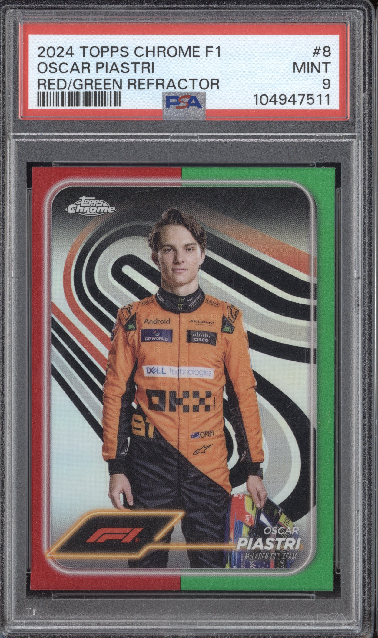 Oscar Piastri 2024 Topps Chrome 8 Red/Green Refractor PSA 9