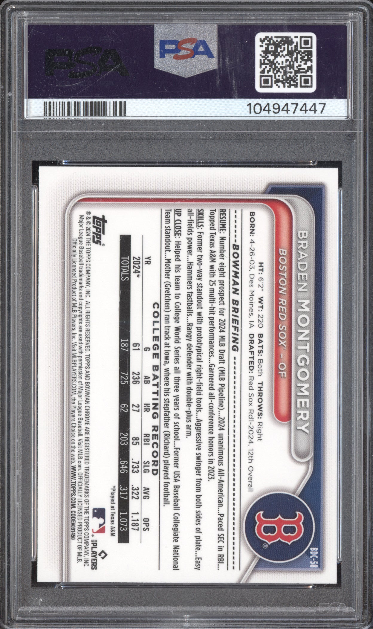 Braden Montgomery 2024 Bowman Draft BDC-58 1st Steel Metal RC 88/100 PSA 10