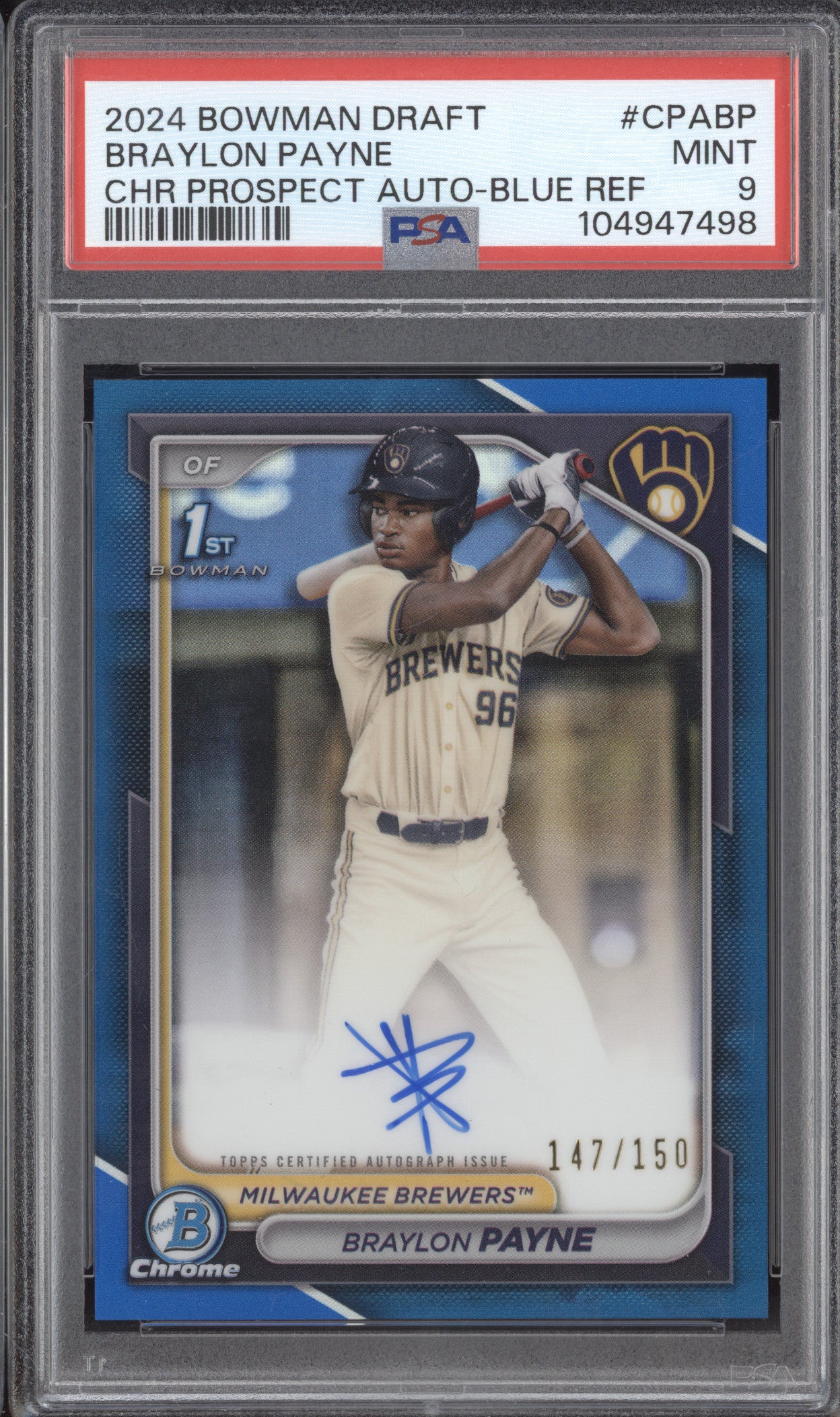 Braylon Payne 2024 Bowman Draft CPA-BP 1st Prospect Auto Blue RC 147/150 PSA 9