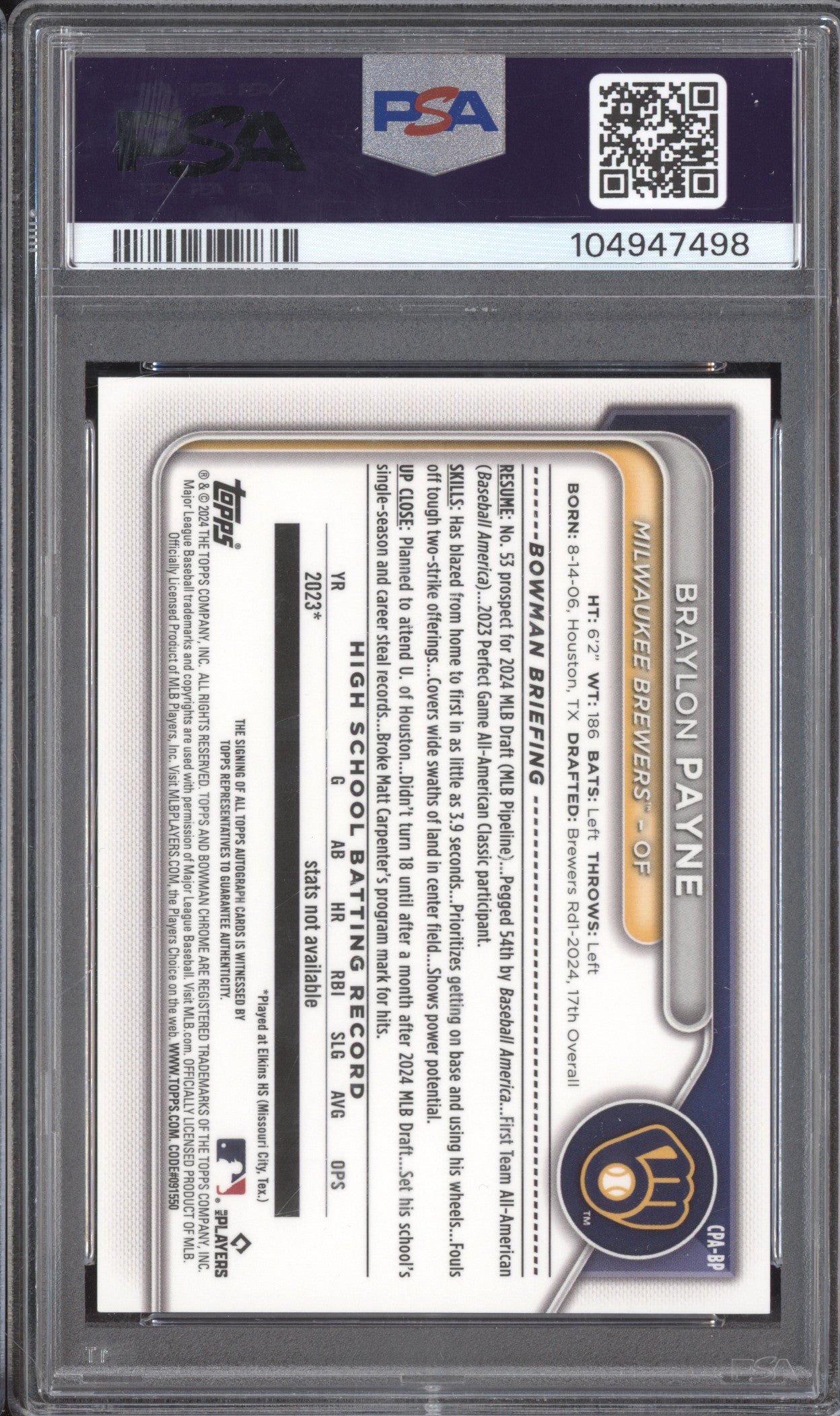 Braylon Payne 2024 Bowman Draft CPA-BP 1st Prospect Auto Blue RC 147/150 PSA 9