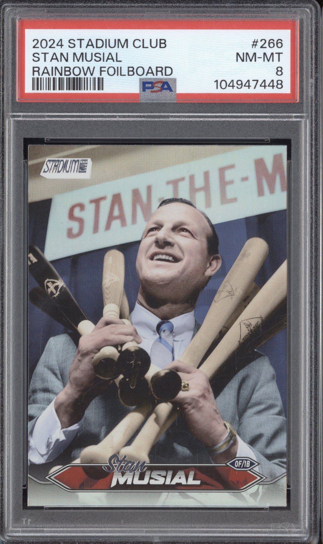 Stan Musial 2024 Topps Stadium Club 266 Rainbow Foilboard 2/25 PSA 8