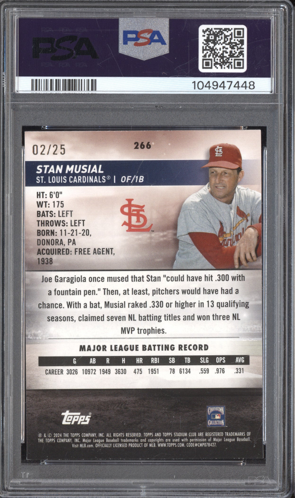 Stan Musial 2024 Topps Stadium Club 266 Rainbow Foilboard 2/25 PSA 8
