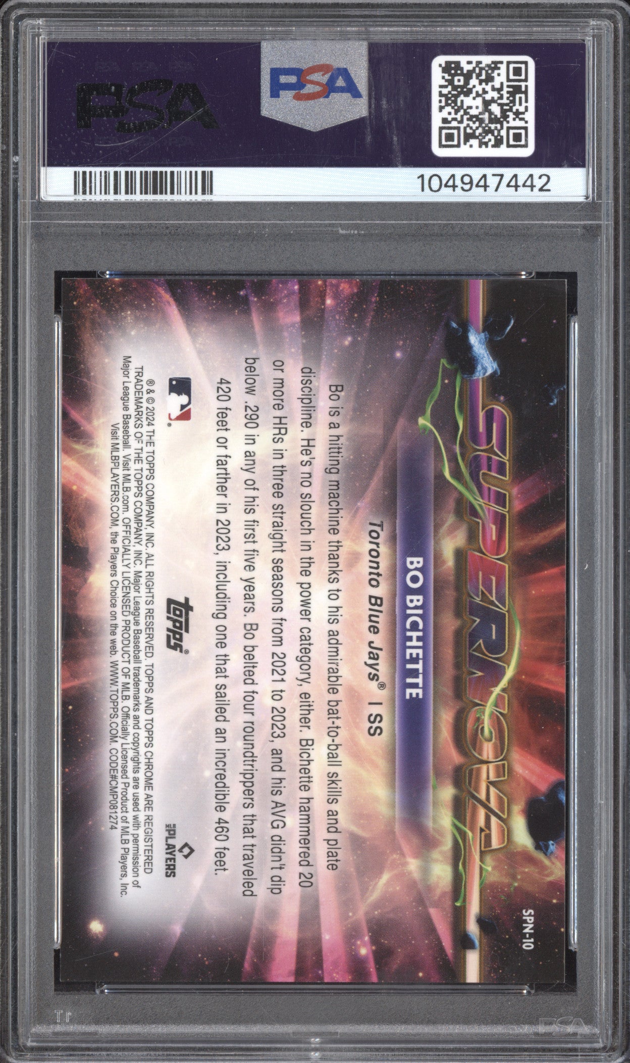 Bo Bichette 2024 Topps Chrome Cosmic SPN-10 Supernova Black Eclipse 2/10 PSA 9