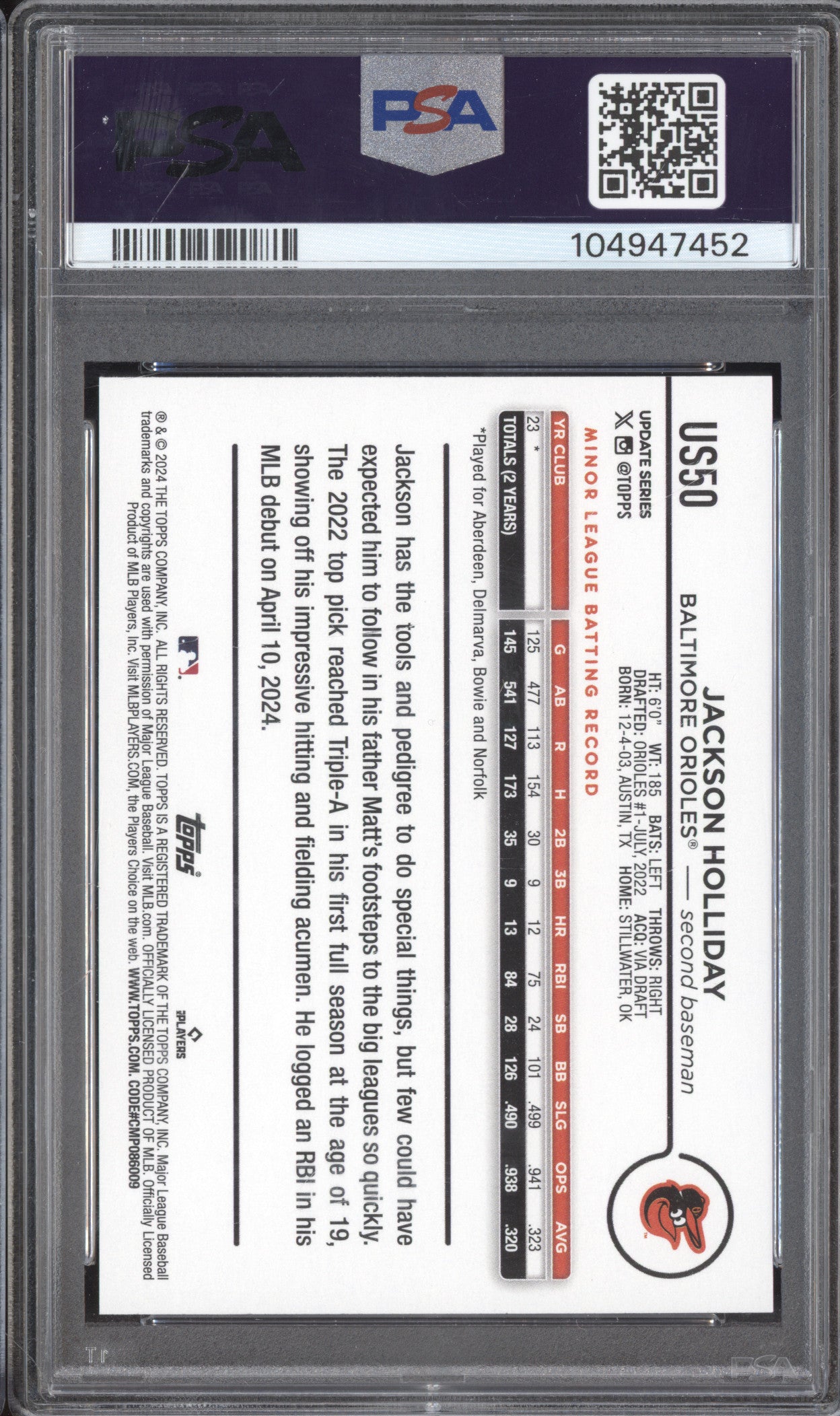 Jackson Holliday 2024 Topps Update US50 RC PSA 10