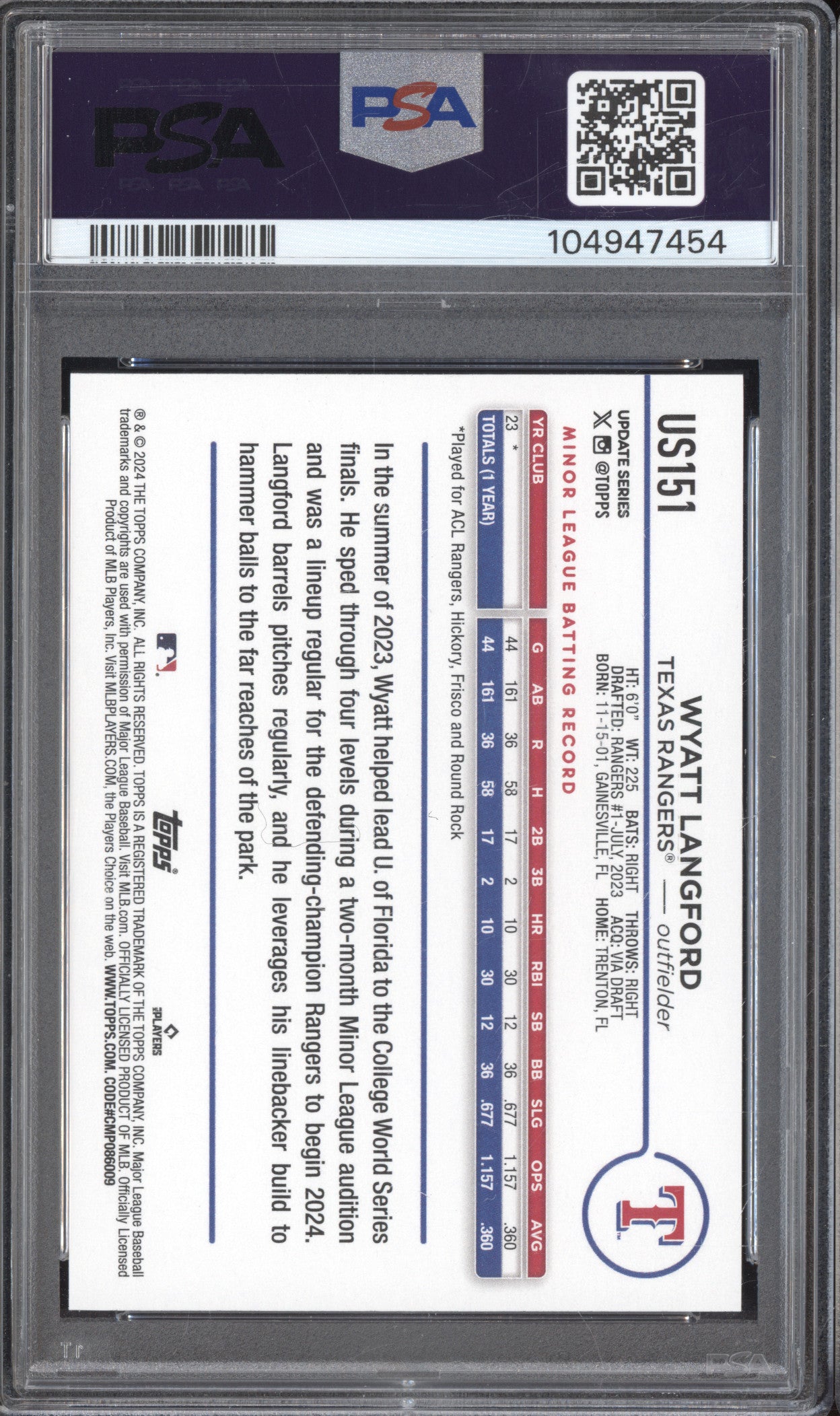 Wyatt Langford 2024 Topps Update US151 RC PSA 10