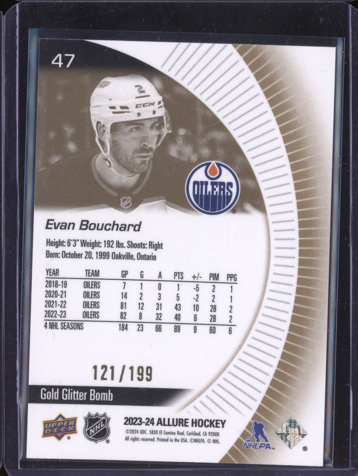 Evan Bouchard 2023-24 Upper Deck Allure 47 Gold Glitter Bomb 121/199