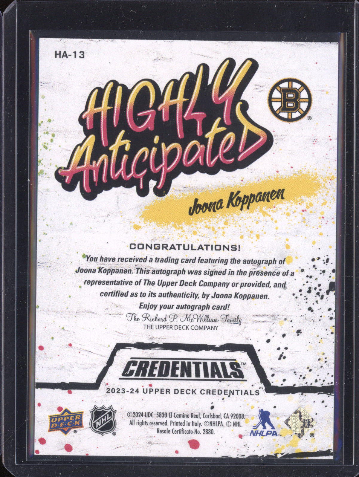 Joona Koppanen 2023-24 Upper Deck Credentials HA-13 Highly Anticipated Auto