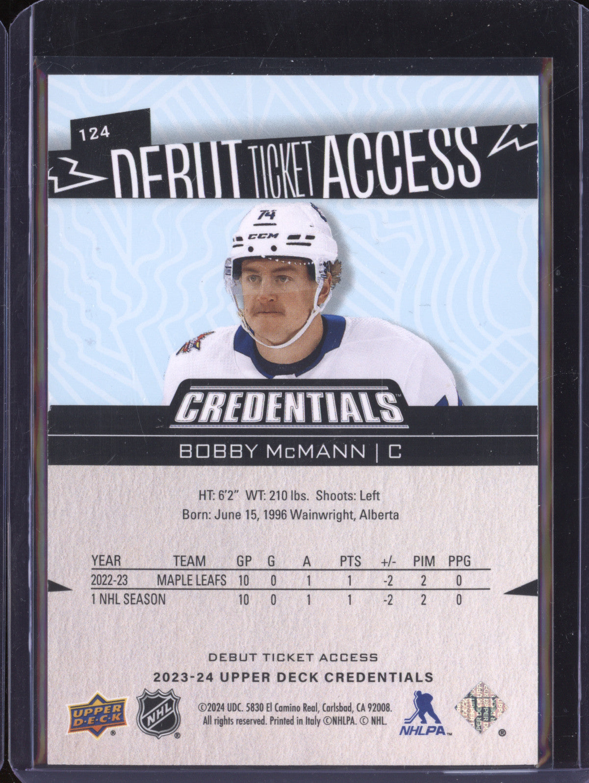Bobby McMann 2023-24 Upper Deck Credentials 124 Debut Ticket Access RC 216/999