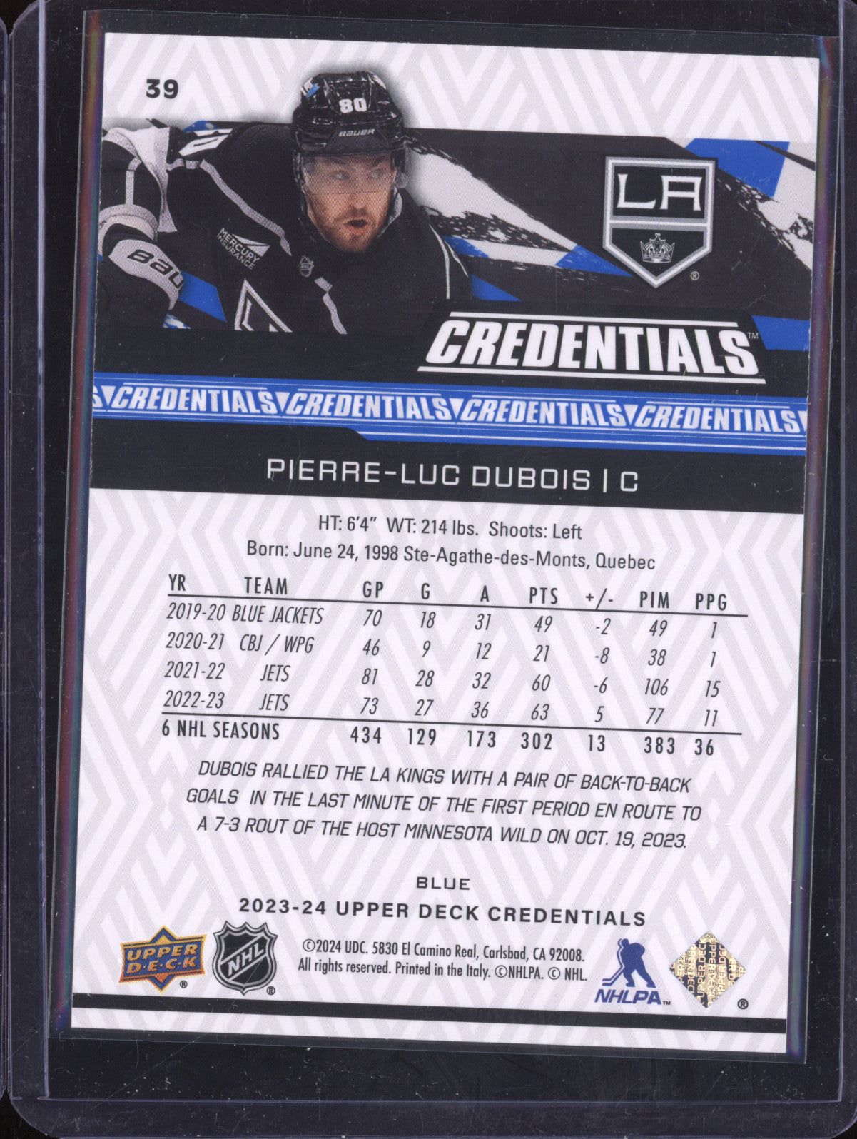 Pierre-Luc Dubois 2023-24 Upper Deck Credentials 39 Blue 107/149