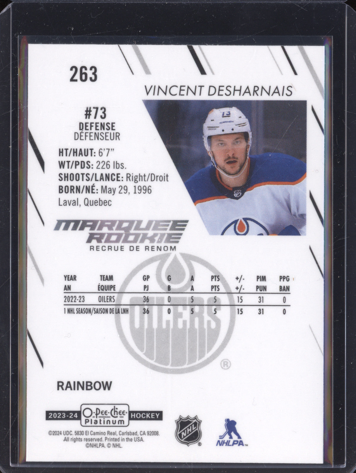 Vincent Desharnais 2023-24 Upper Deck O-Pee-Chee Platinum 263 Marquee Rainbow RC