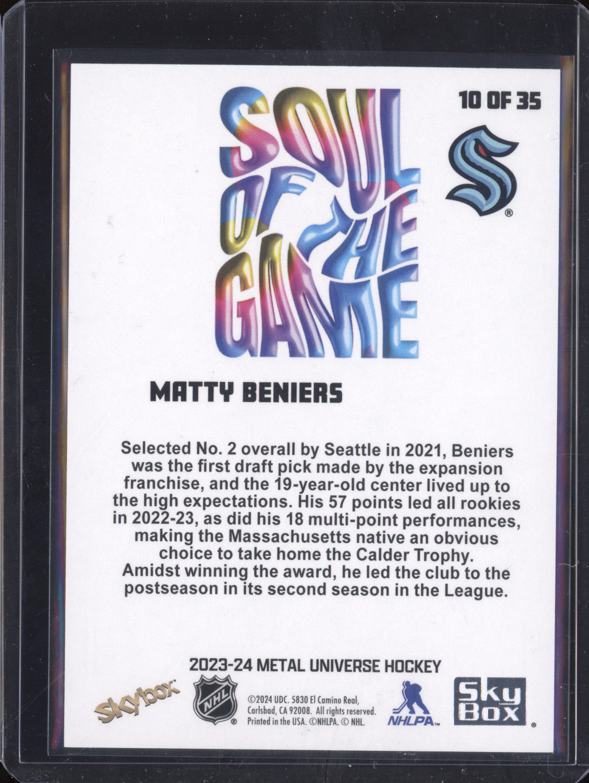 Matty Beniers 2023-24 Sky Box Metal Universe 10 Soul of the Game
