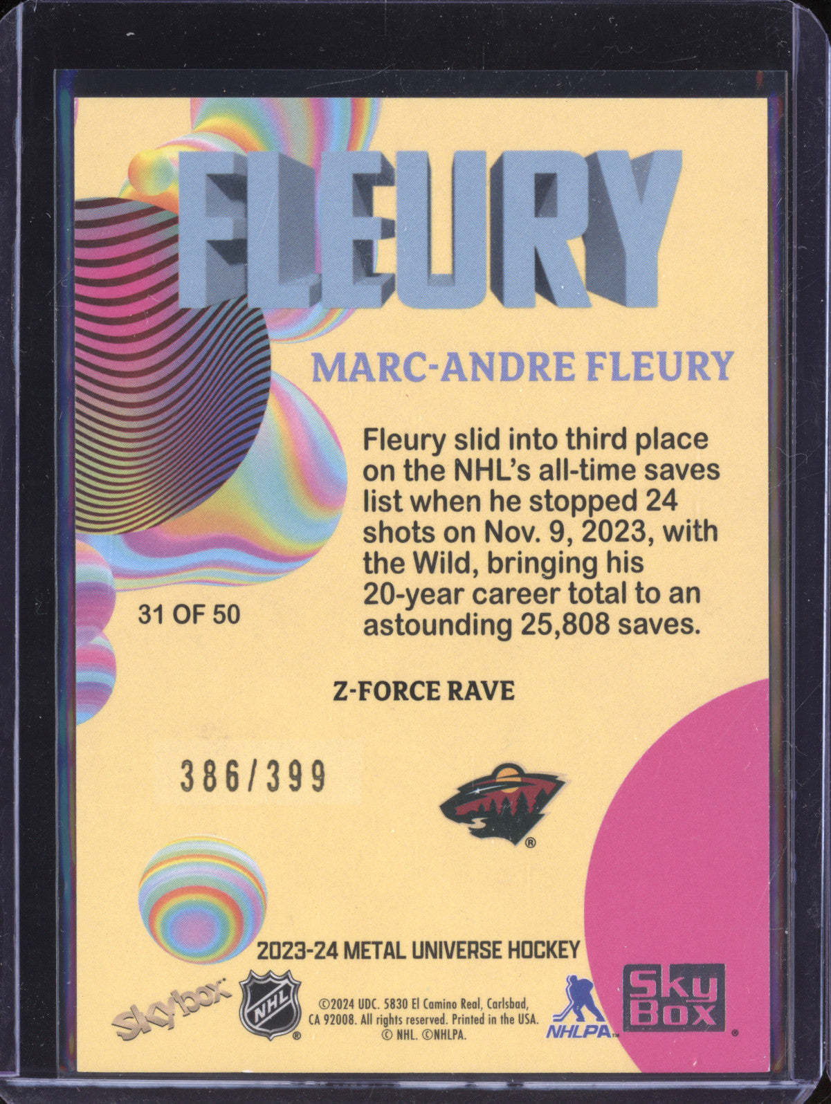 Marc-Andre Fleury 2023-24 Sky Box Metal Universe 31 Z-Force Rave 386/399