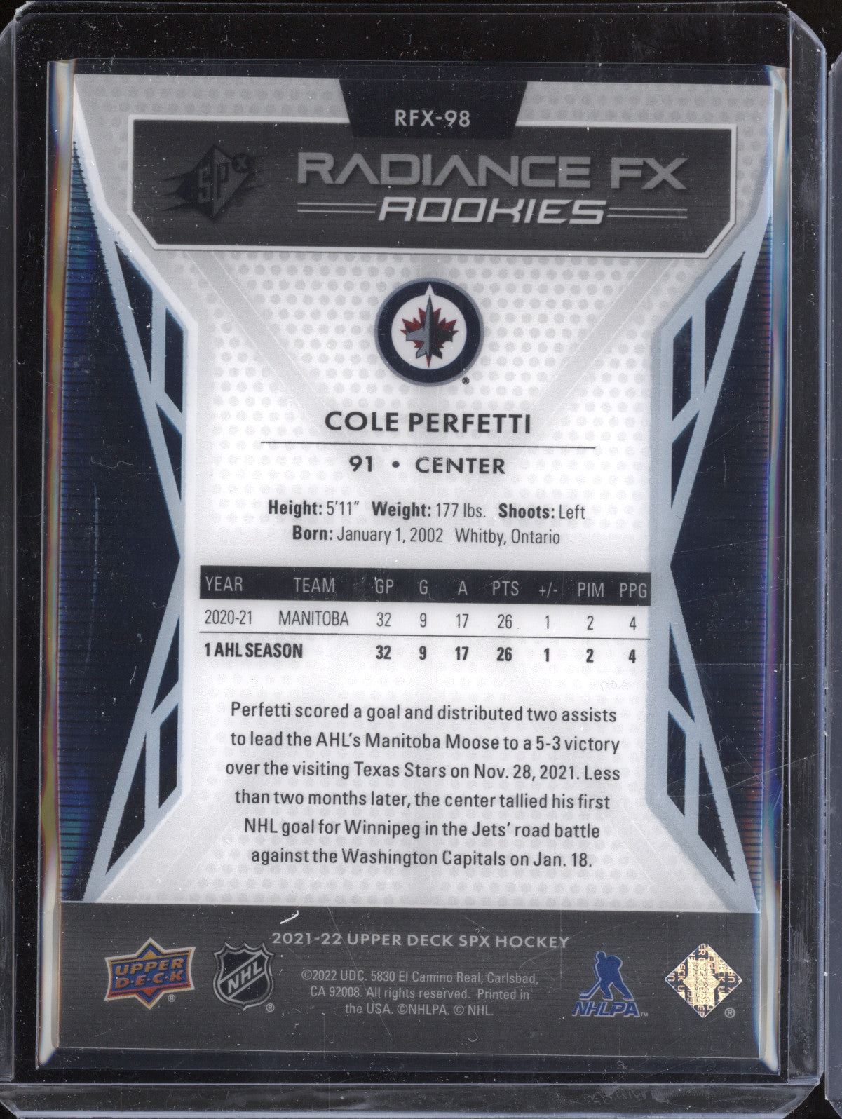 Cole Perfetti 2021-22 Upper Deck SPX RFX-98 Radiance F/X RC