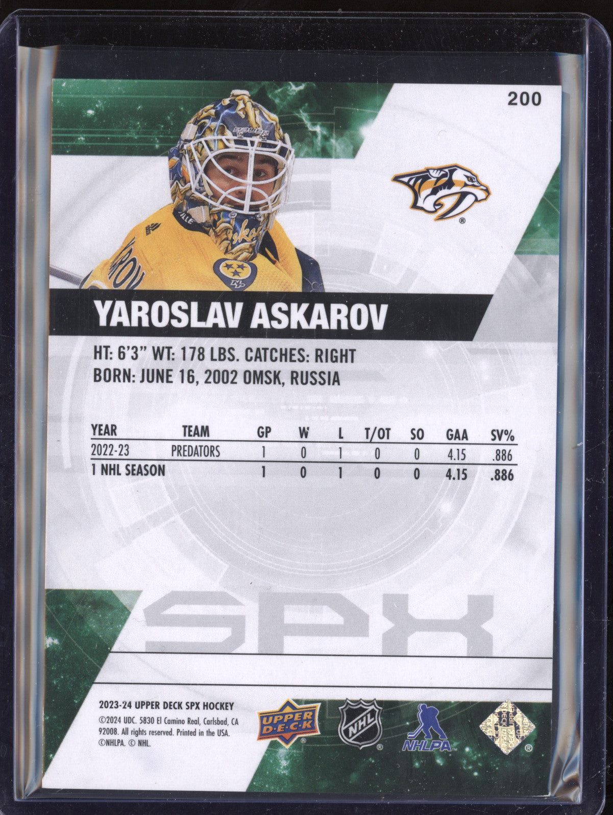 Yaroslav Askarov 2023-24 Upper Deck SPX 200 Rookies RC 198/299