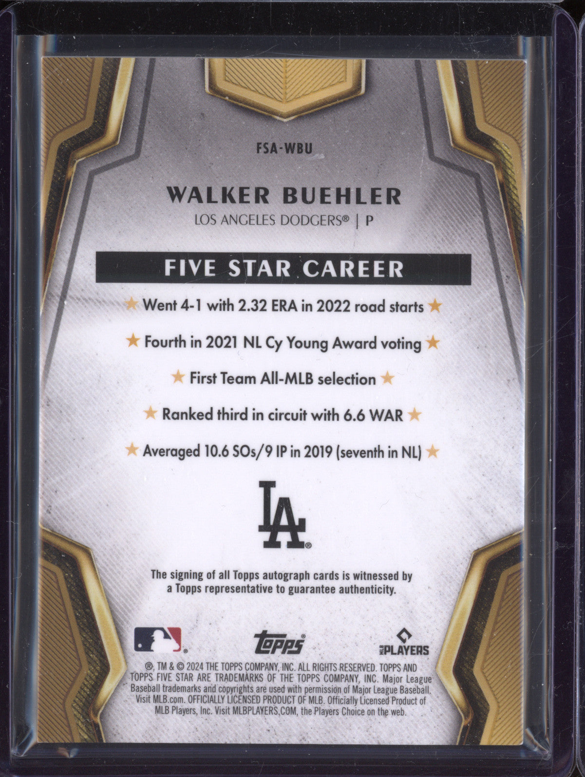 Walker Buehler 2024 Topps Five Star FSA-WBU Five Star Auto Aqua 20/75