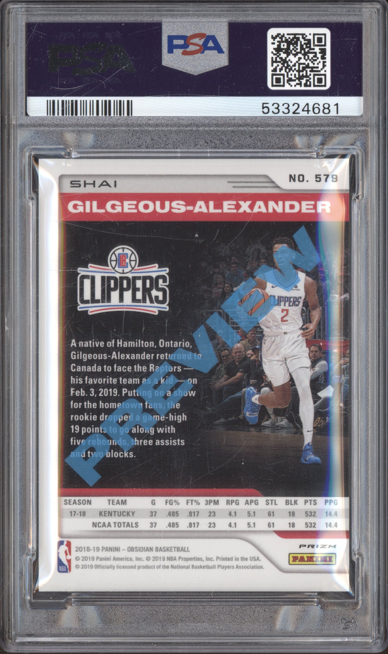 2018-19 Panini Chronicles 579 Shai Gilgeous-Alexander Obsidian RC PSA 9