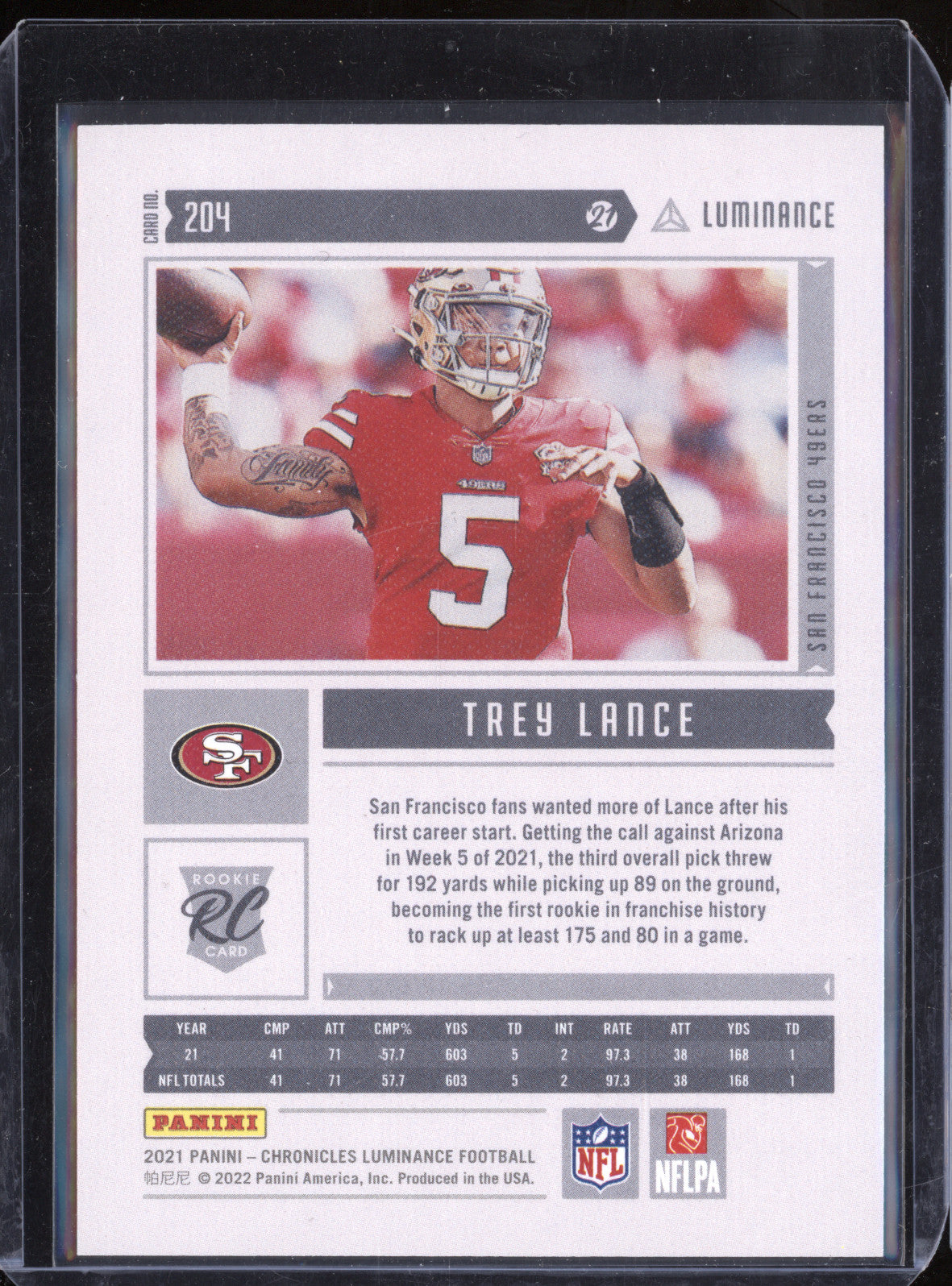 Trey Lance 2021 Panini Chronicles 204 Luminance Red RC 163/199