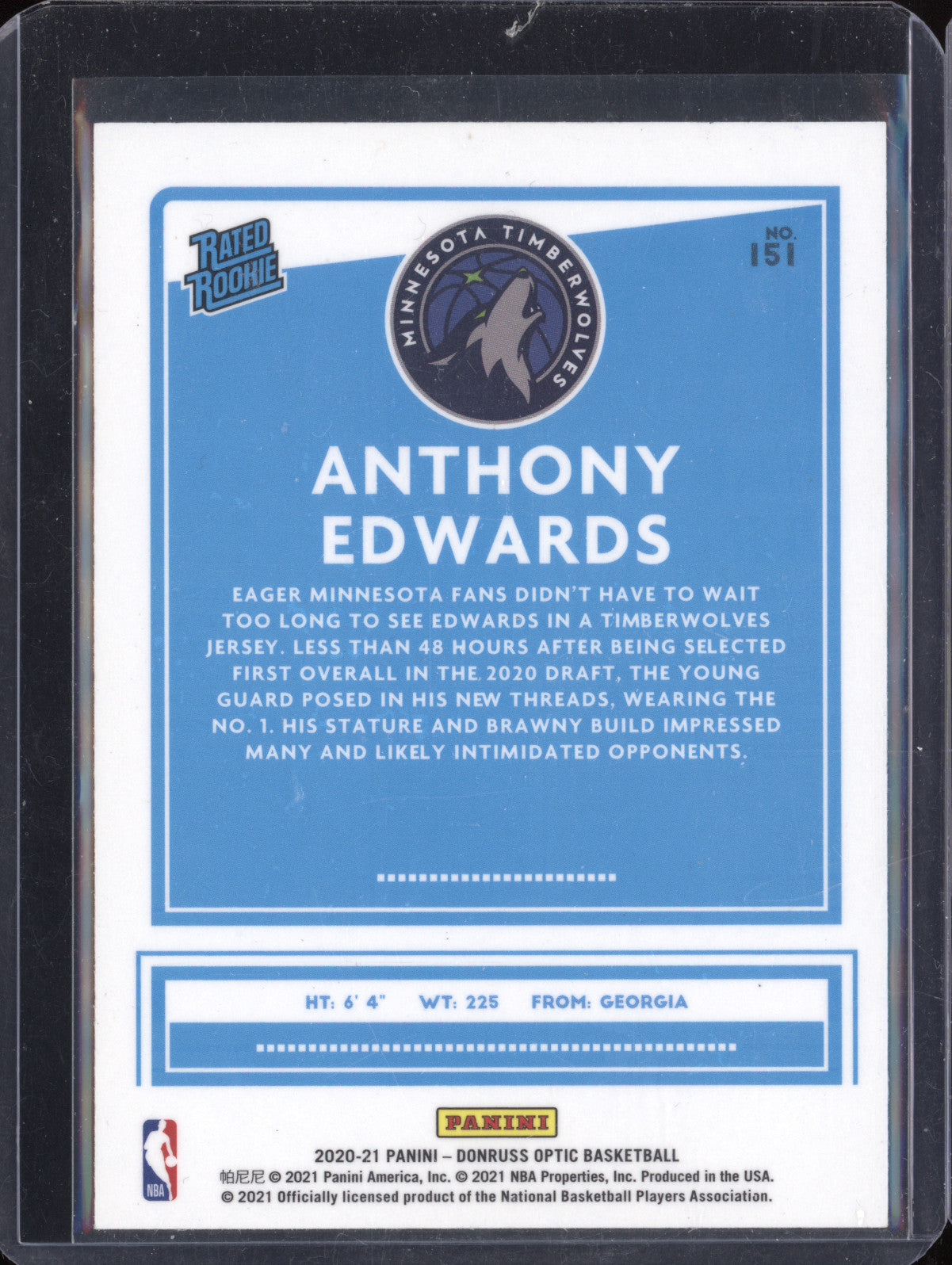 Anthony Edwards 2020-21 Panini Donruss Optic 151 Rated Rookie RC