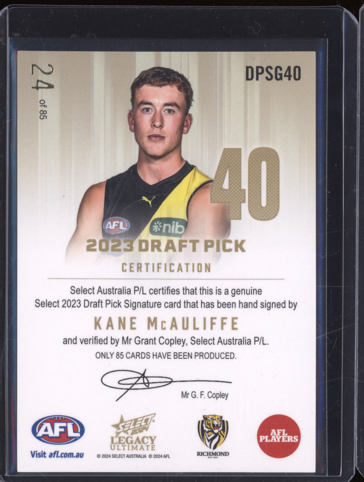 2024 AFL Select Legacy Kane McAuliffe DPSG40 Draft Pick Signature Gold 24/85