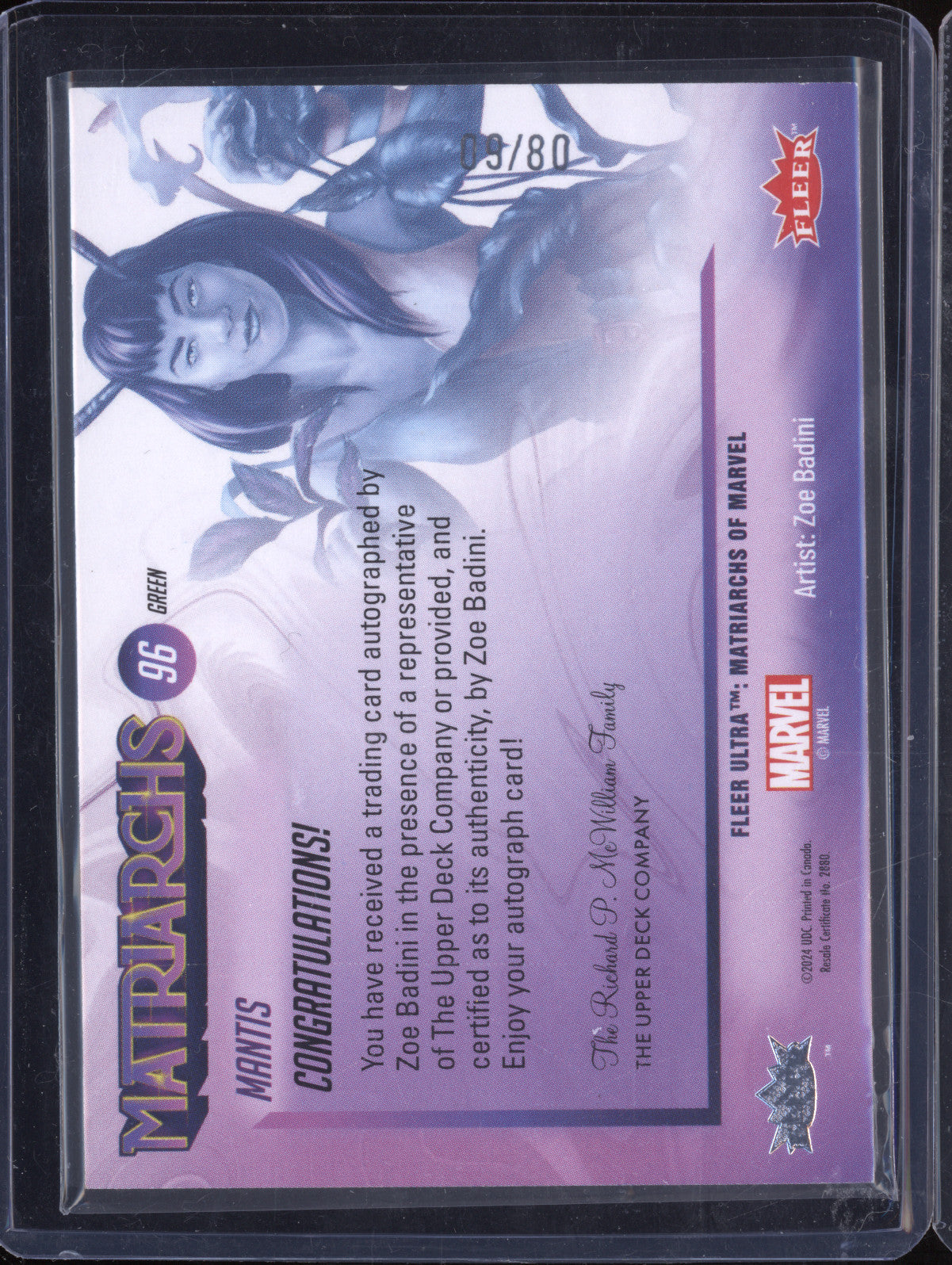 Mantis 2024 Fleer Matriarchs of Marvel 96 Green Auto 9/80