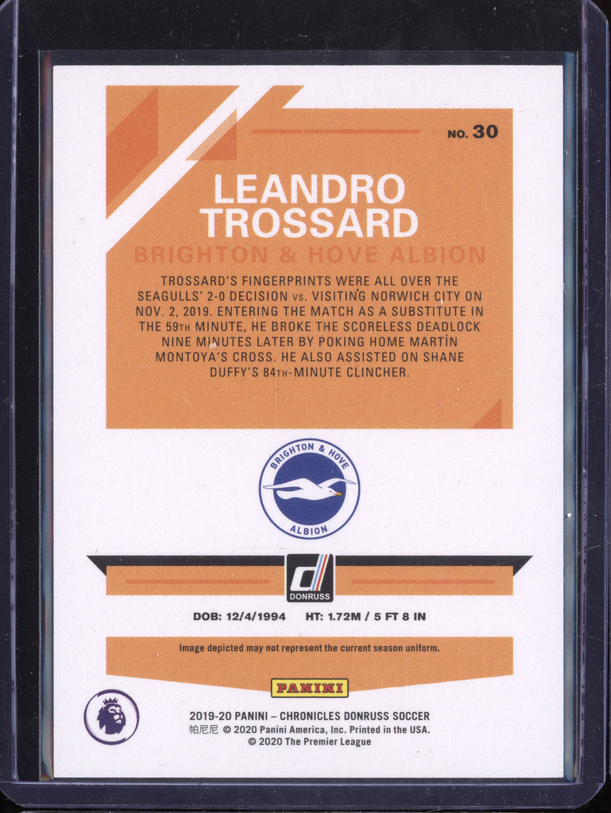 Leandro Trossard 2019-20 Panini Chronicles 30 Green Laser Press Proof RC 3/50