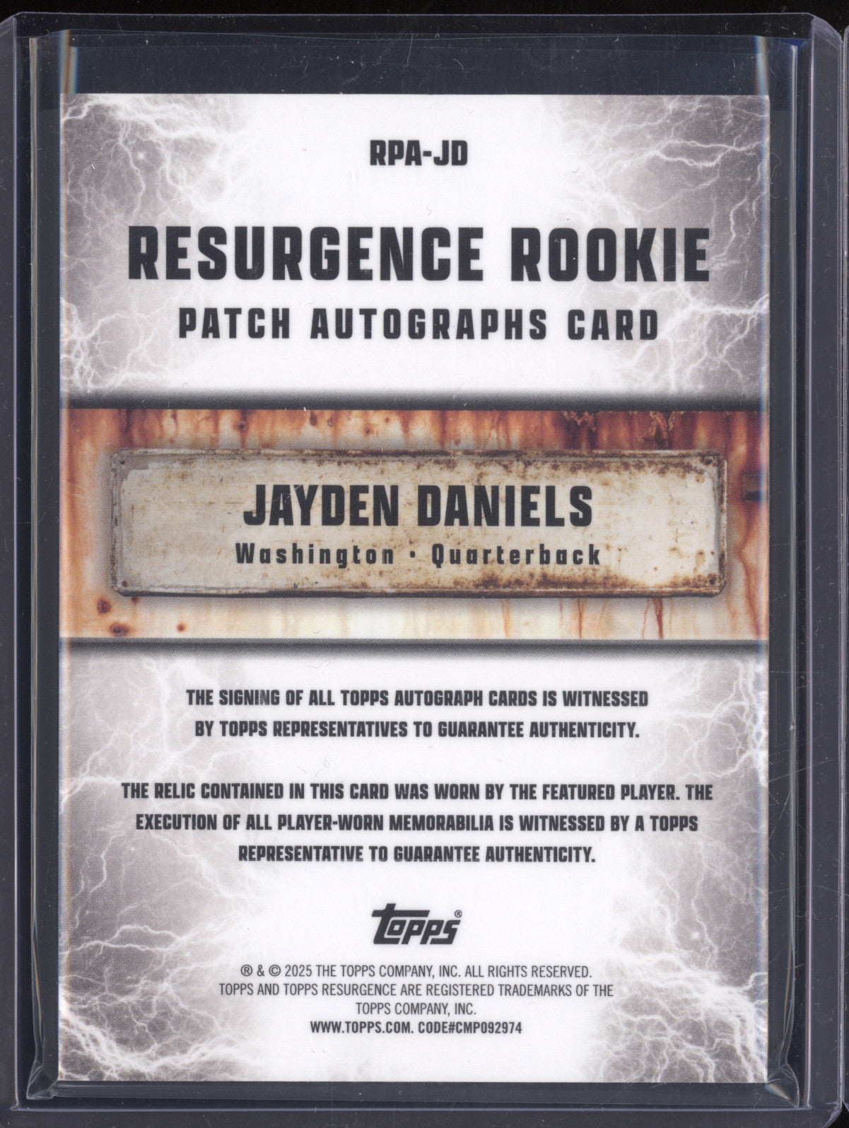 Jayden Daniels 2024 Topps Resurgence RPA-JD Rookie Patch Auto Purple Surge /75