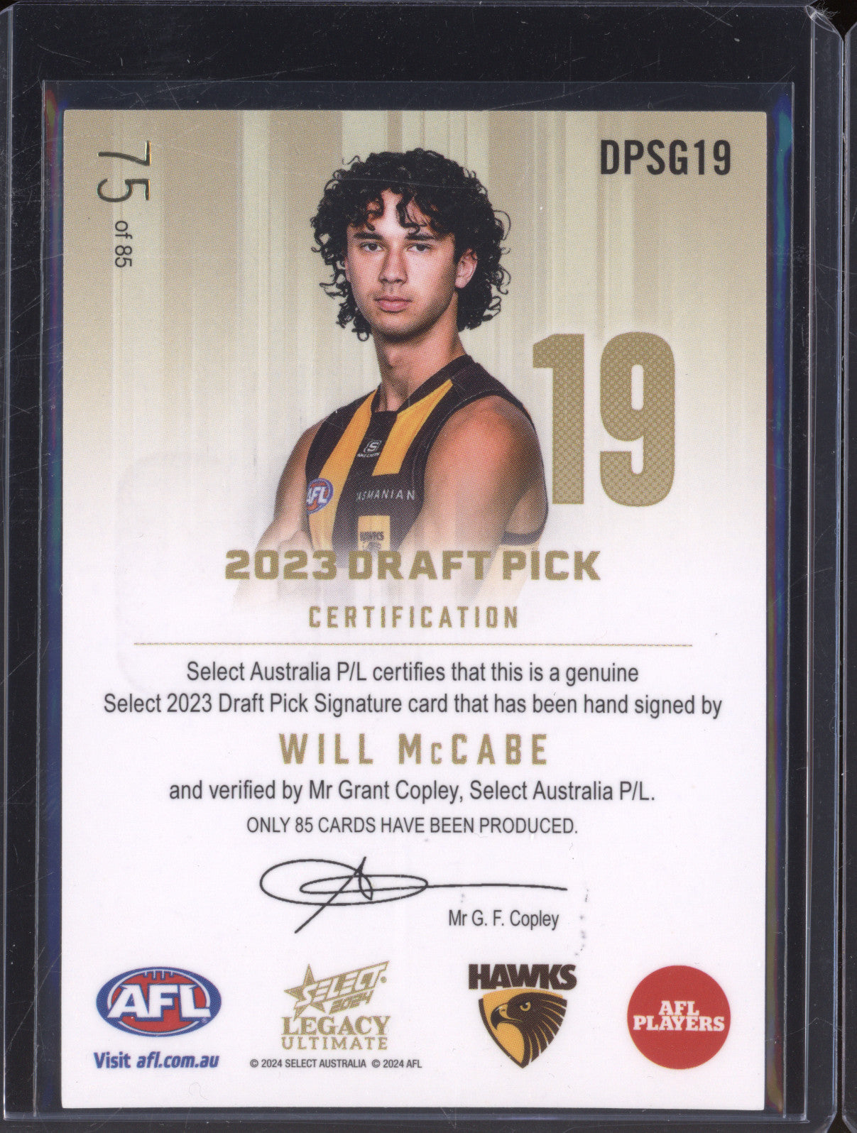 2024 AFL Select Will McCabe DPSG19 Draft Pick Signature Gold 75/85