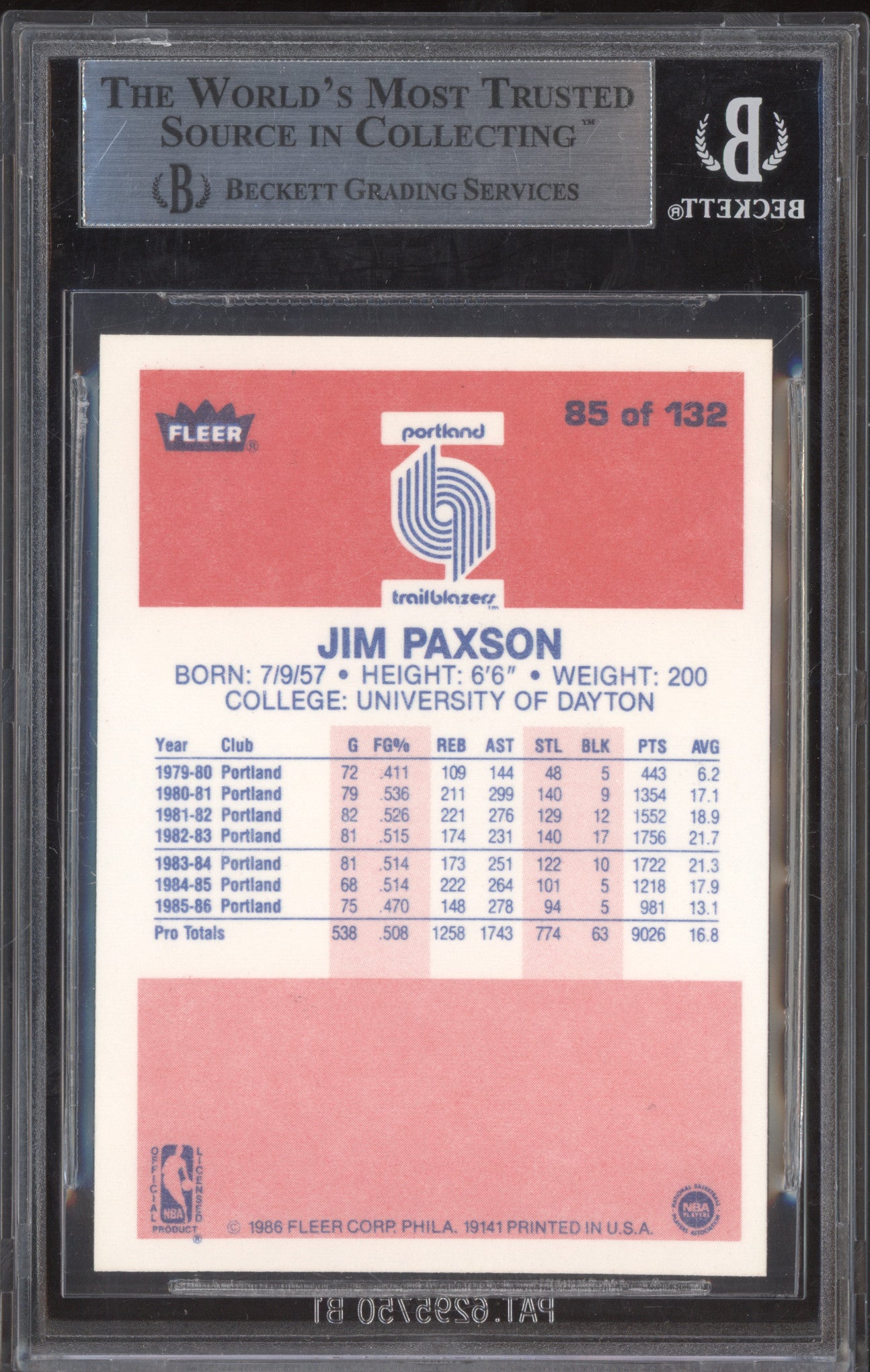 Jim Paxson 1986-87 Fleer 85 BGS 9