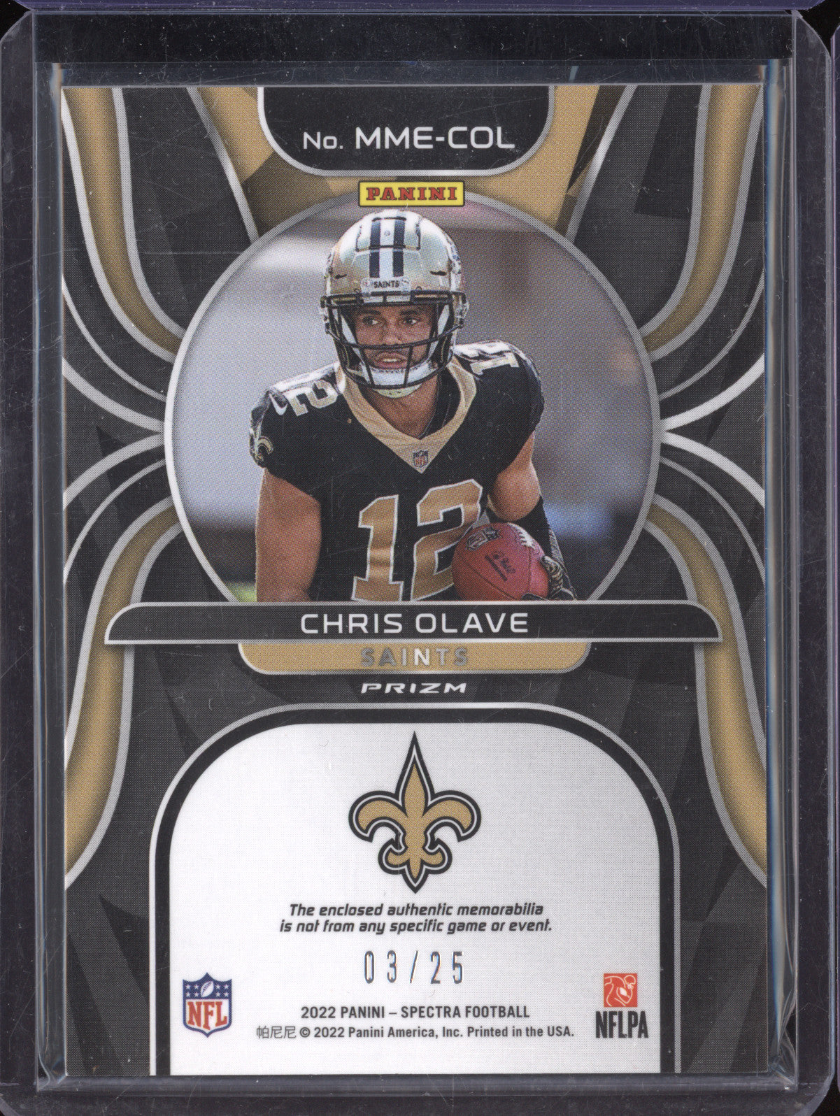 Chris Olave 2022 Panini Spectra MME-COL Monumental Mem Meta RC 3/25