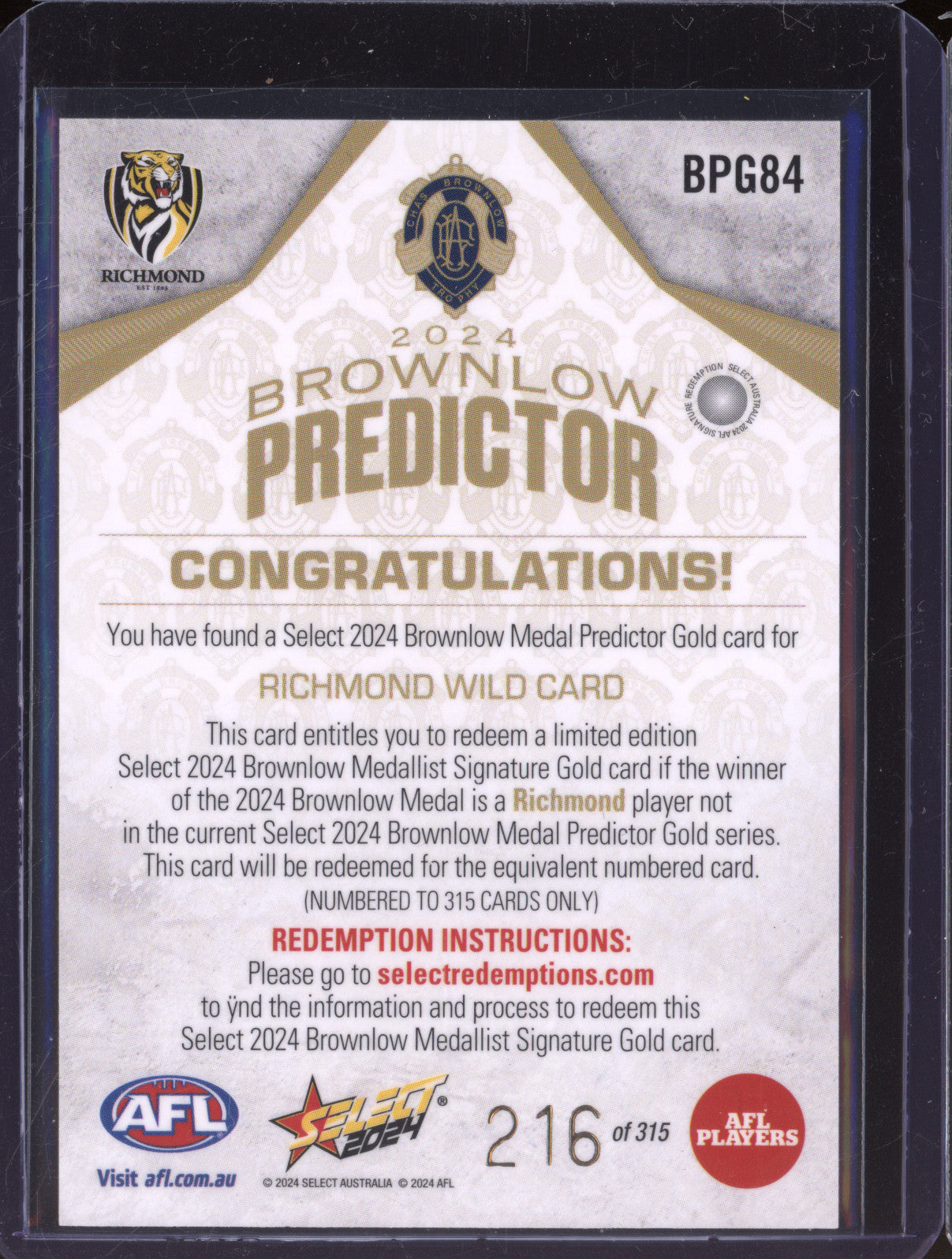 Richmond Tigers 2024 Select Footy Stars BPG84 Brownlow Predictor Gold 216/315