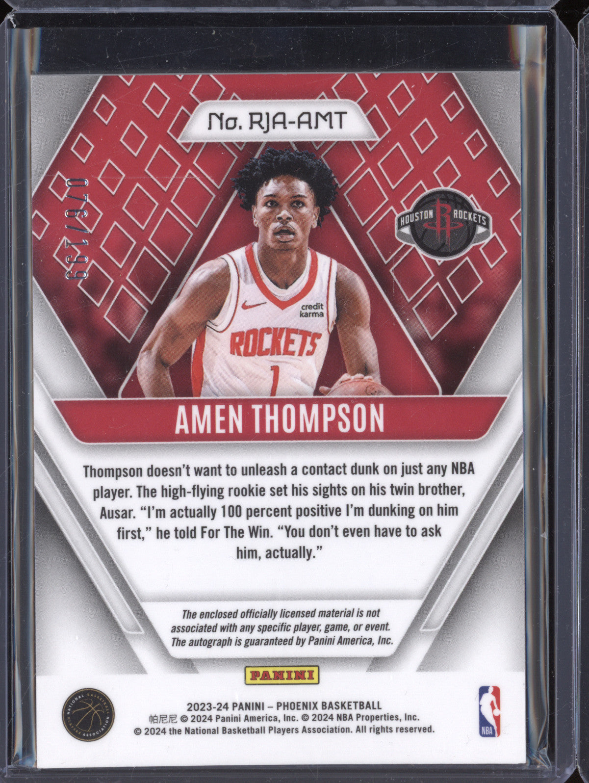 Amen Thompson 2023-24 Panini Phoenix RJA-AMT Rookie Jersey Auto RC 76/199