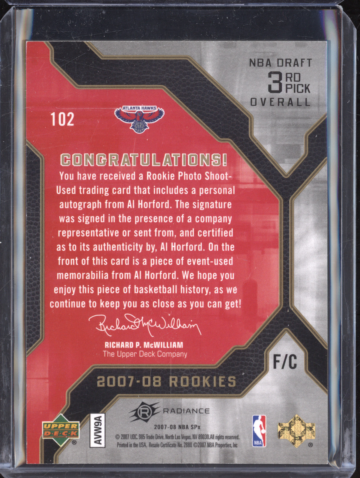 Al Horford 2007-08 Upper Deck SPx 102 Rookie Patch Auto RC 16/25