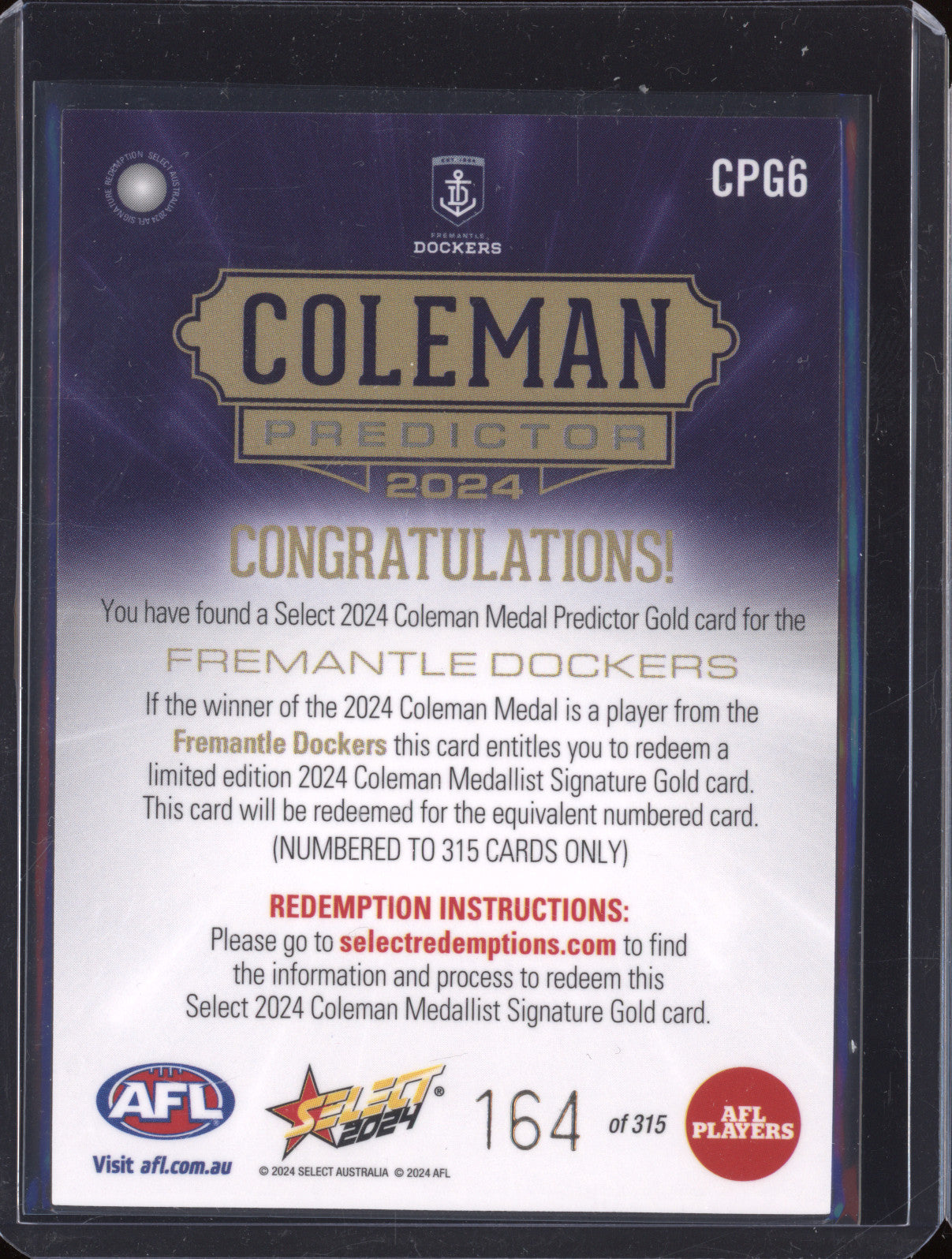 Fremantle Dockers 2024 Select Footy Stars CPG6 Coleman Predictor Gold 164/315