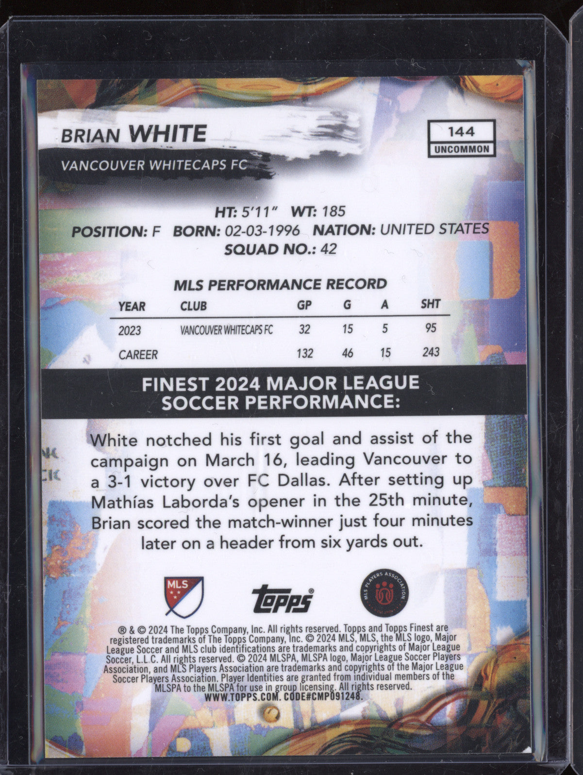 Brian White 2024 Topps Finest MLS 144 Orange Refractor 17/25