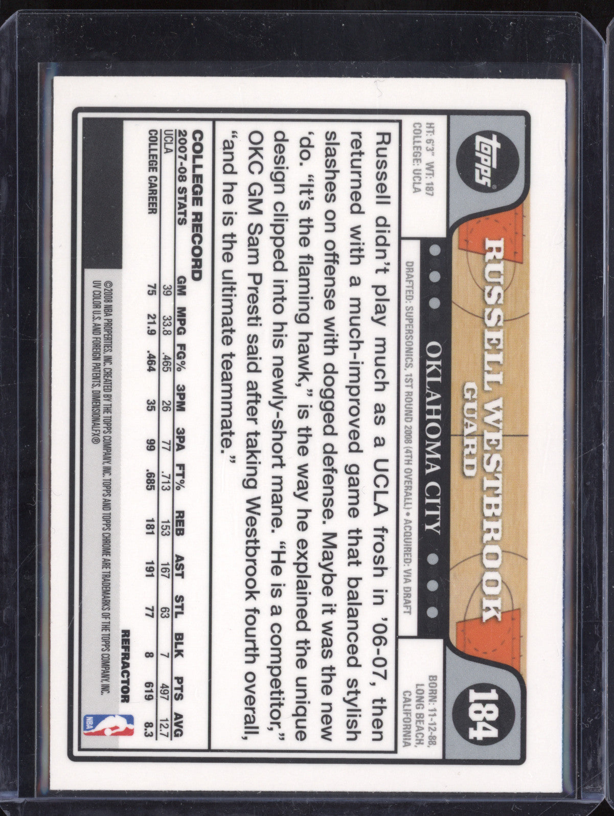 Russell Westbrook 2008-09 Topps Chrome 184 Refractor RC