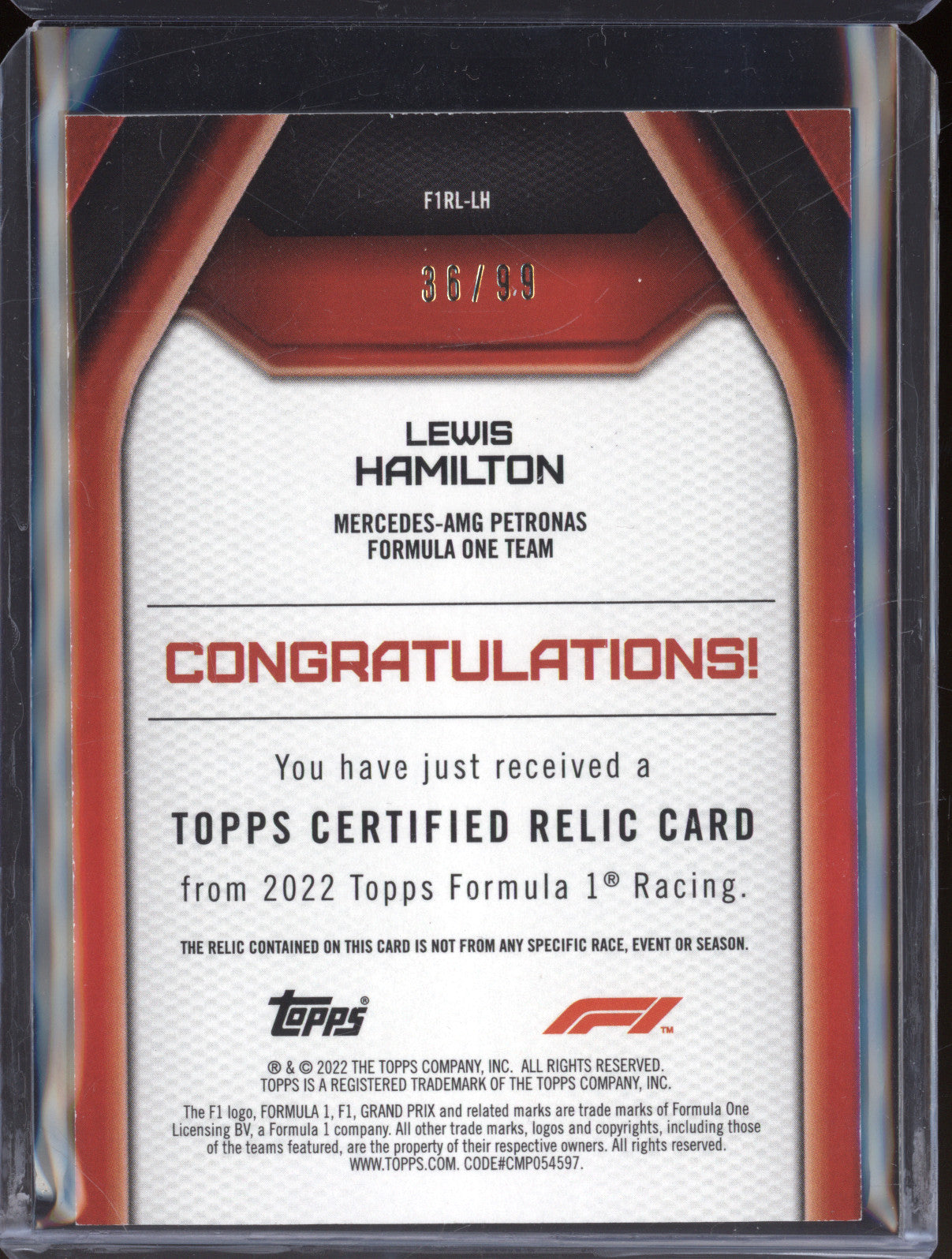 2022 Topps Formula 1 F1RL-LH Lewis Hamilton Driver-Worn Memorabilia 36/99