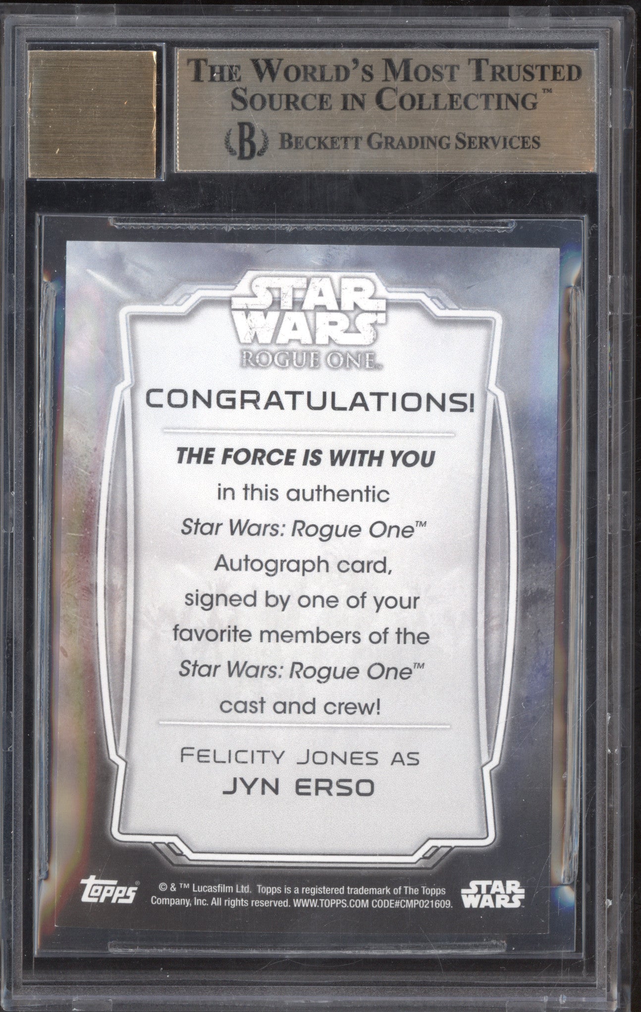 Jyn Erso Felicity Jones 2016 Topps Rogue One Series One Autograph BGS 9.5/10