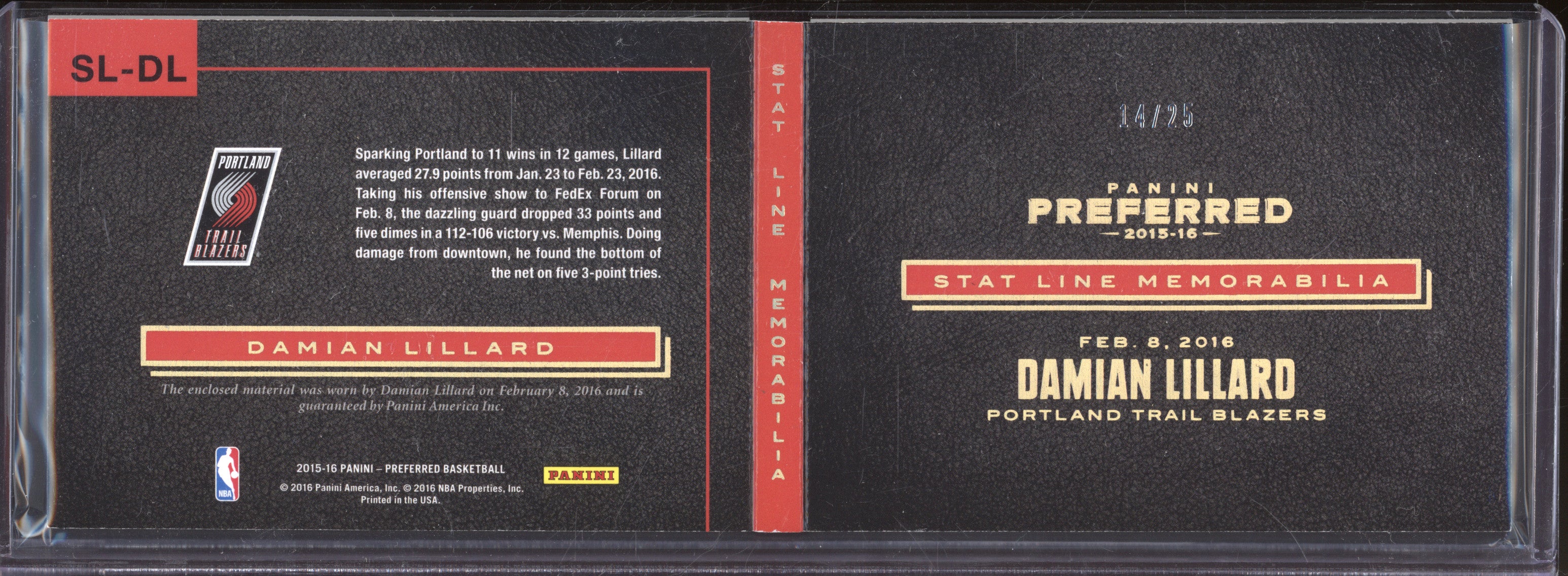 Damian Lillard 2015-16 Panini Preferred SL-L Stat Line Memorabilia Booklet 14/25