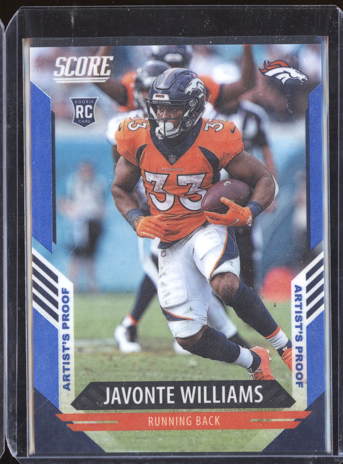 Javonte Williams 2021 Panini Chronicles 419 Score Artist Proof Blue RC 4/35