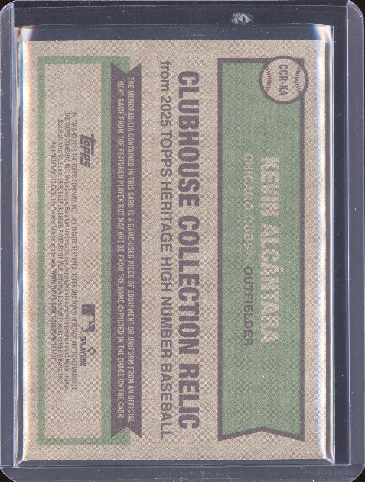 Kevin Alcantara 2025 Topps Heritage CCR-KA Clubhouse Collection Relic /99