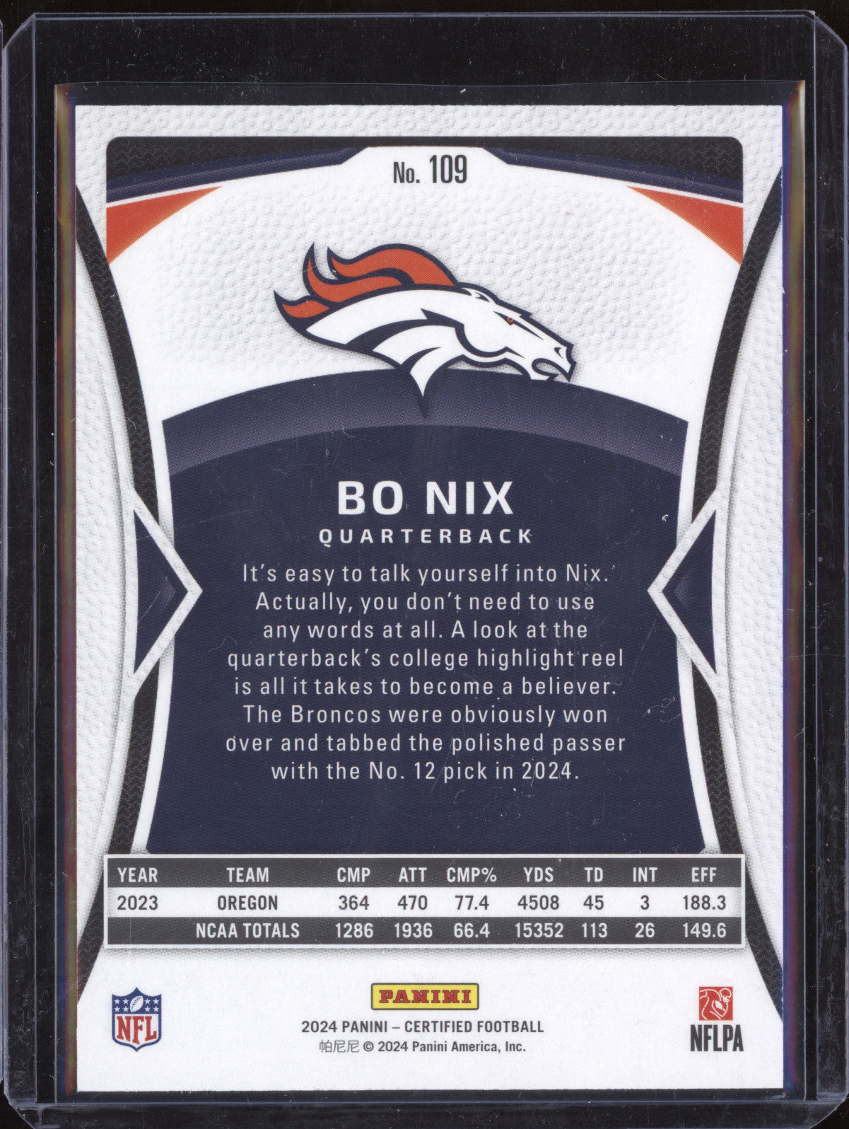 Bo Nix 2024 Panini Certified 109 RC 292/400